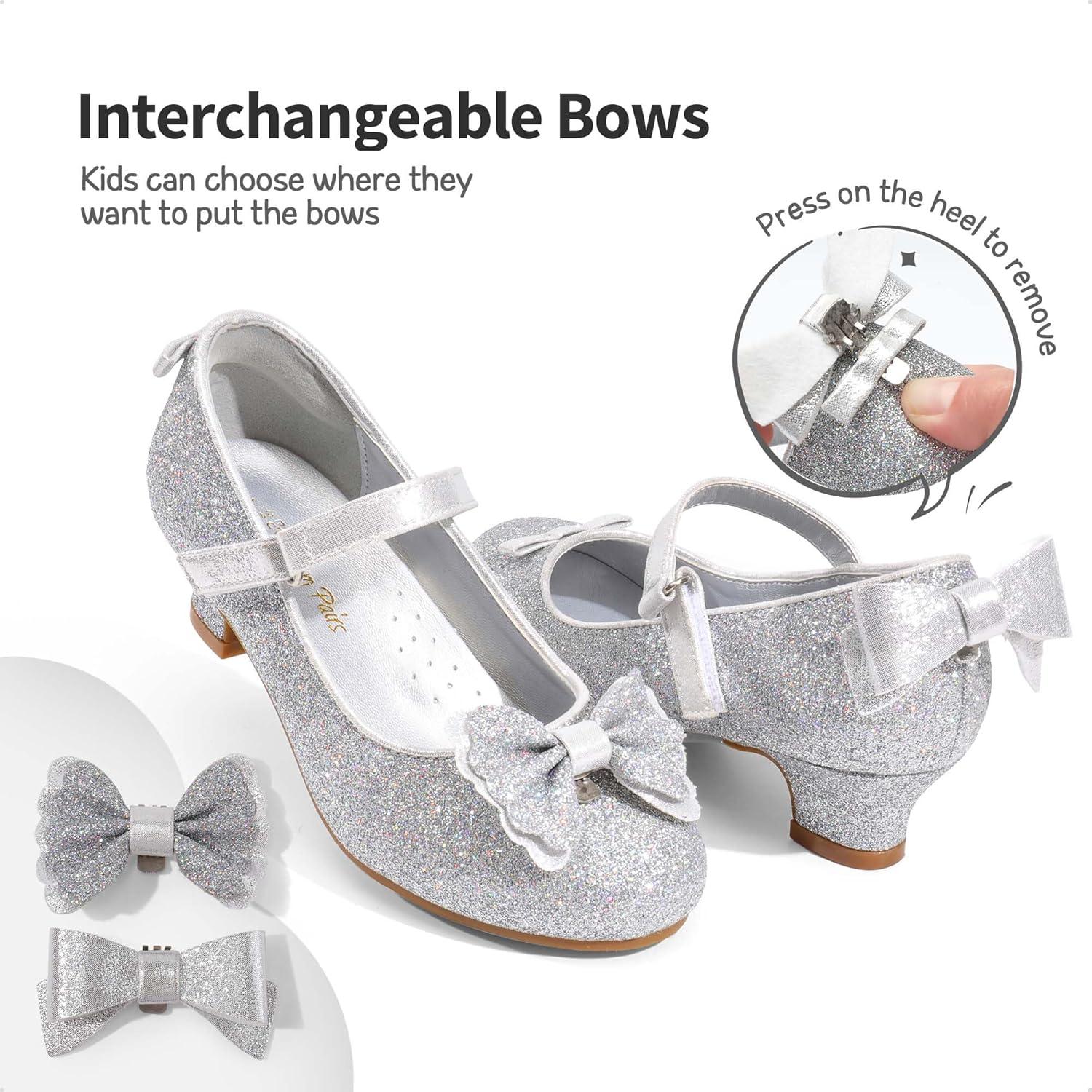 imageDREAM PAIRS Girls Dress Shoes Toddler Little Girls Heels Mary Jane Princess Shoes with Interchangeable Bow for Flower Girl Wedding PartySilver