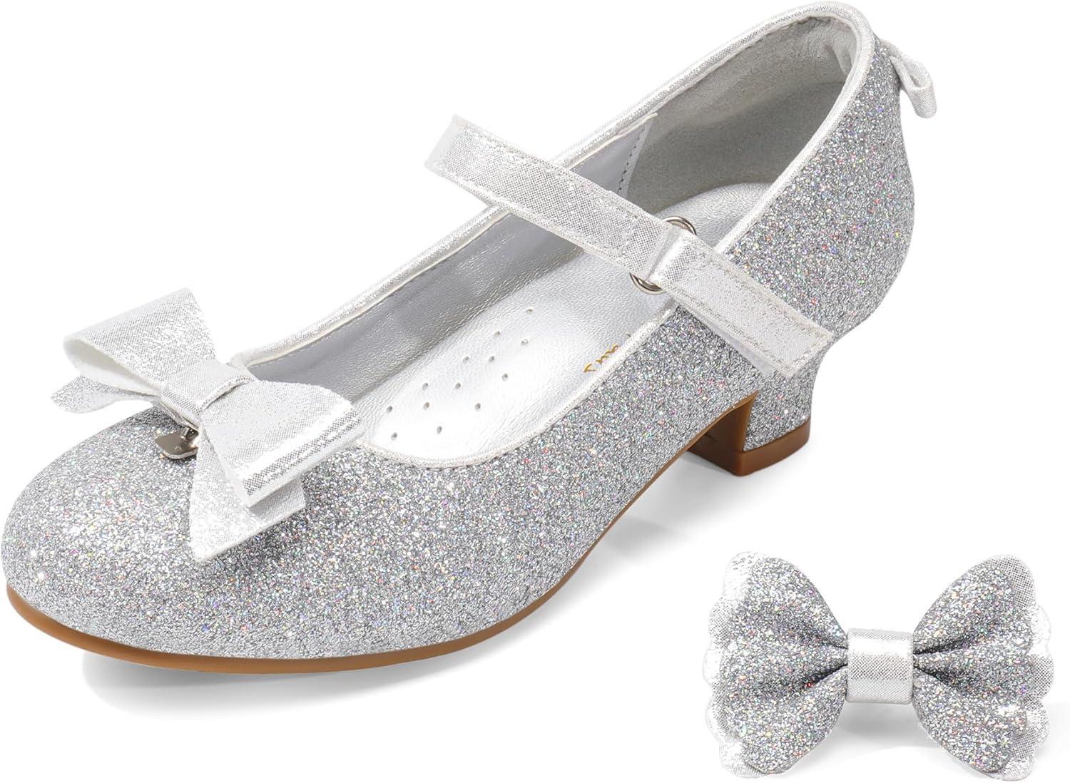 imageDREAM PAIRS Girls Dress Shoes Toddler Little Girls Heels Mary Jane Princess Shoes with Interchangeable Bow for Flower Girl Wedding PartySilver