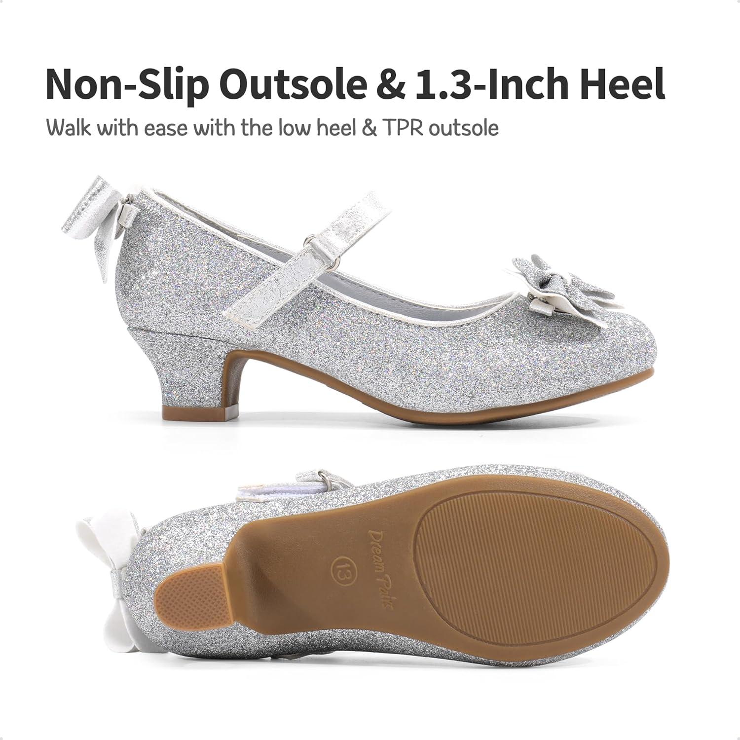 imageDREAM PAIRS Girls Dress Shoes Toddler Little Girls Heels Mary Jane Princess Shoes with Interchangeable Bow for Flower Girl Wedding PartySilver