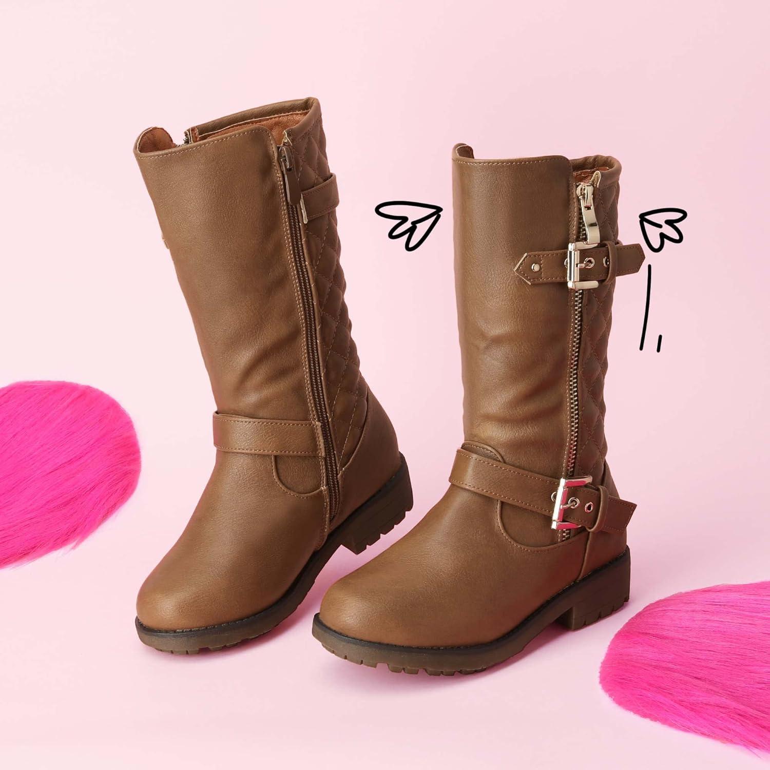 imageDREAM PAIRS Girls Faux Fur Lining Knee High Winter Motorcycle Riding Boots ToddlerLittle KidBig KidTan