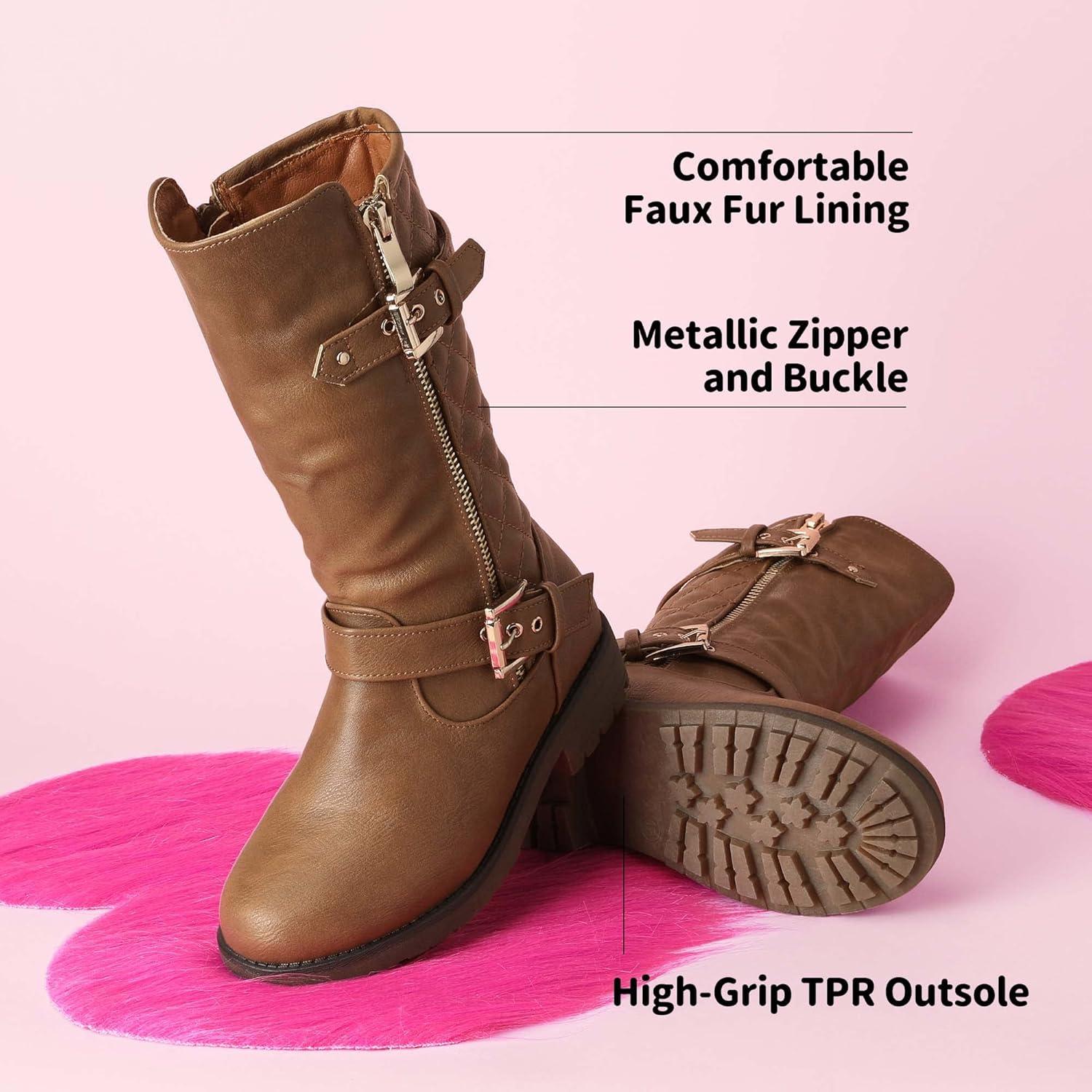 imageDREAM PAIRS Girls Faux Fur Lining Knee High Winter Motorcycle Riding Boots ToddlerLittle KidBig KidTan