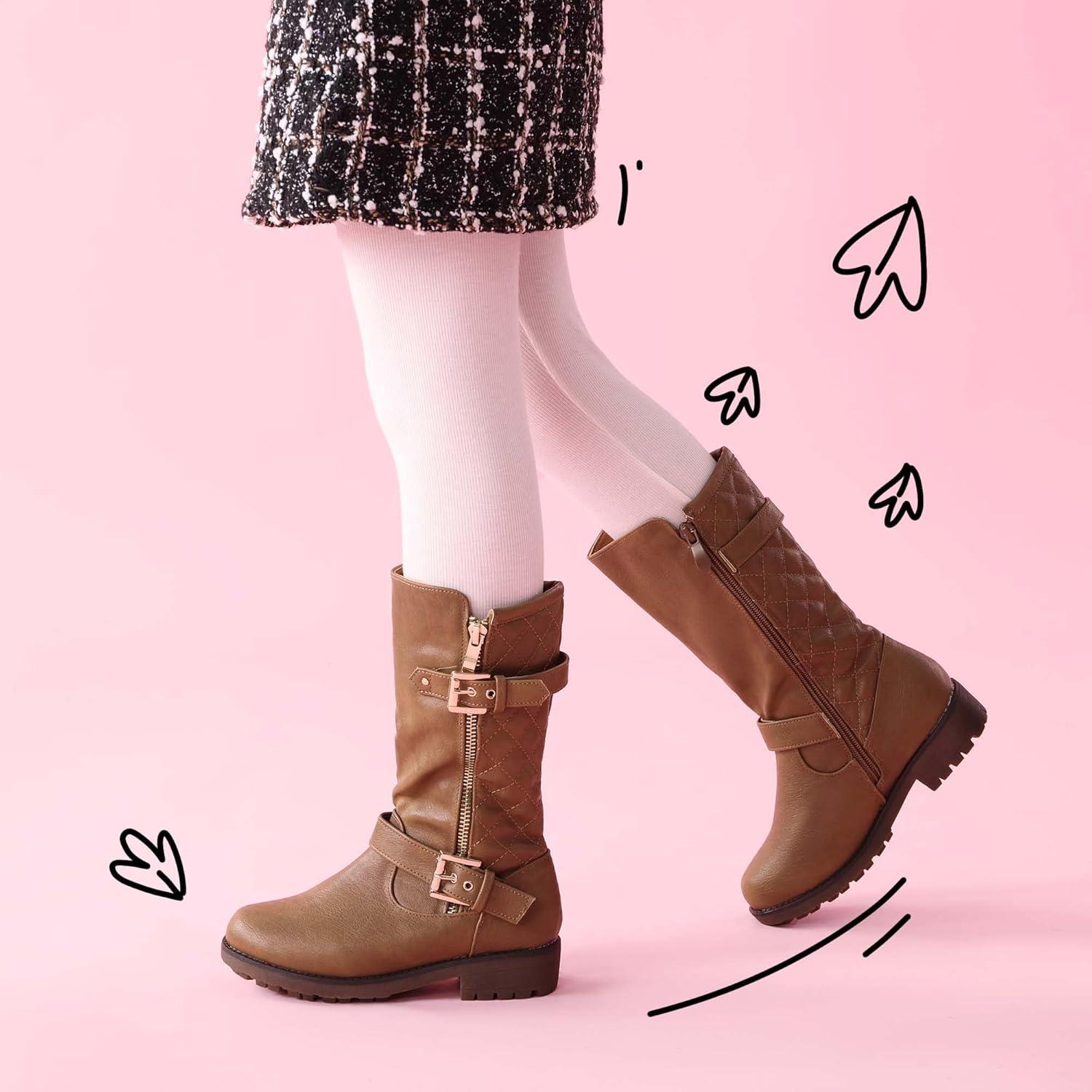 imageDREAM PAIRS Girls Faux Fur Lining Knee High Winter Motorcycle Riding Boots ToddlerLittle KidBig KidTan