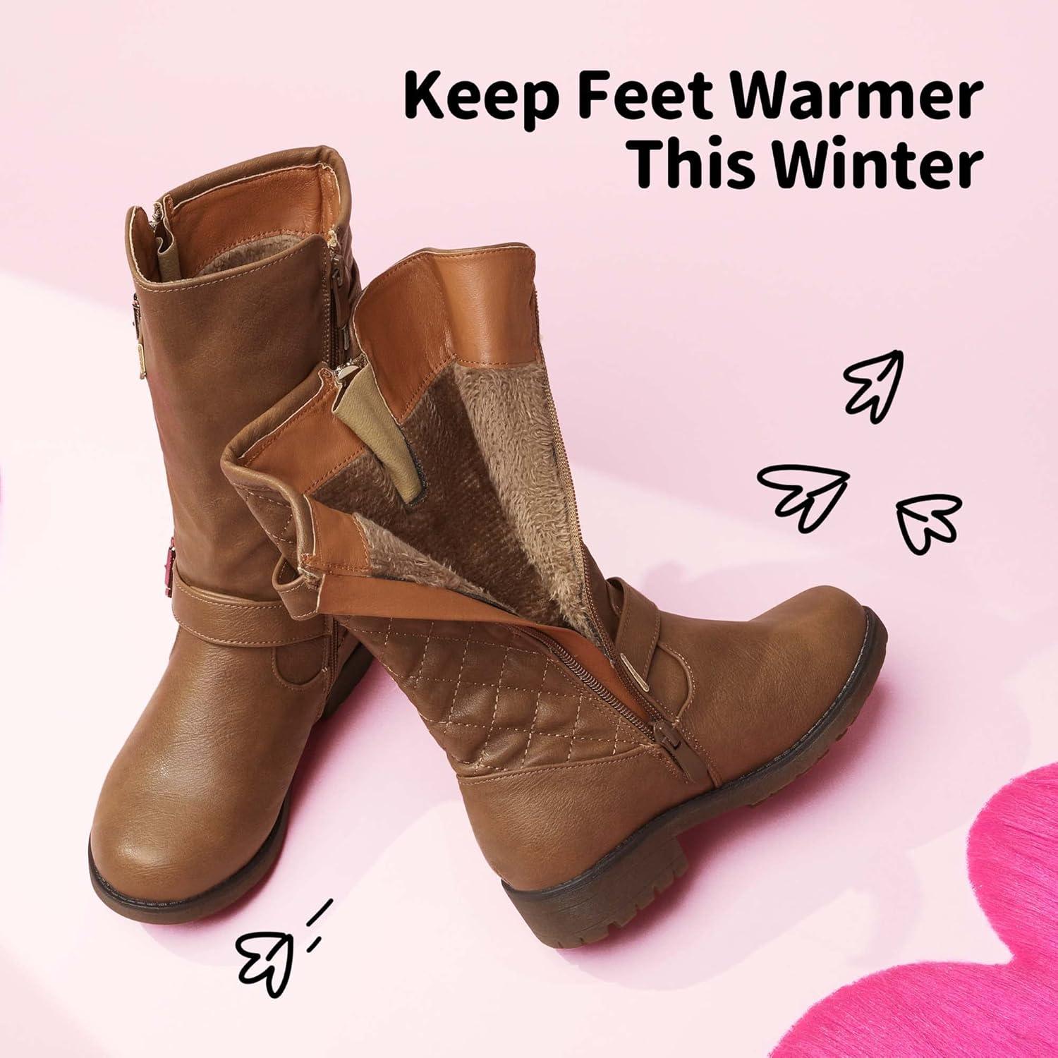 imageDREAM PAIRS Girls Faux Fur Lining Knee High Winter Motorcycle Riding Boots ToddlerLittle KidBig KidTan