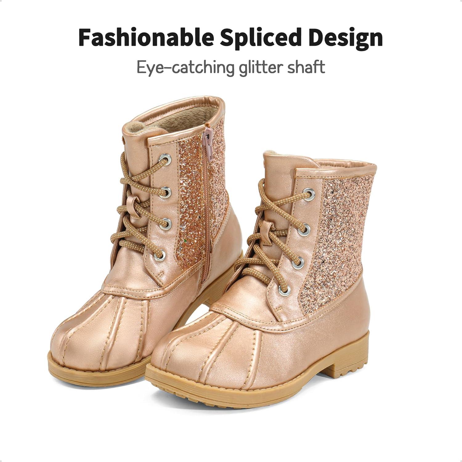 imageDREAM PAIRS Girls Glitter Ankle Boots Warm and Soft Velvet Lining with Side Zipper for ToddlerLittle KidBig KidRoseGold