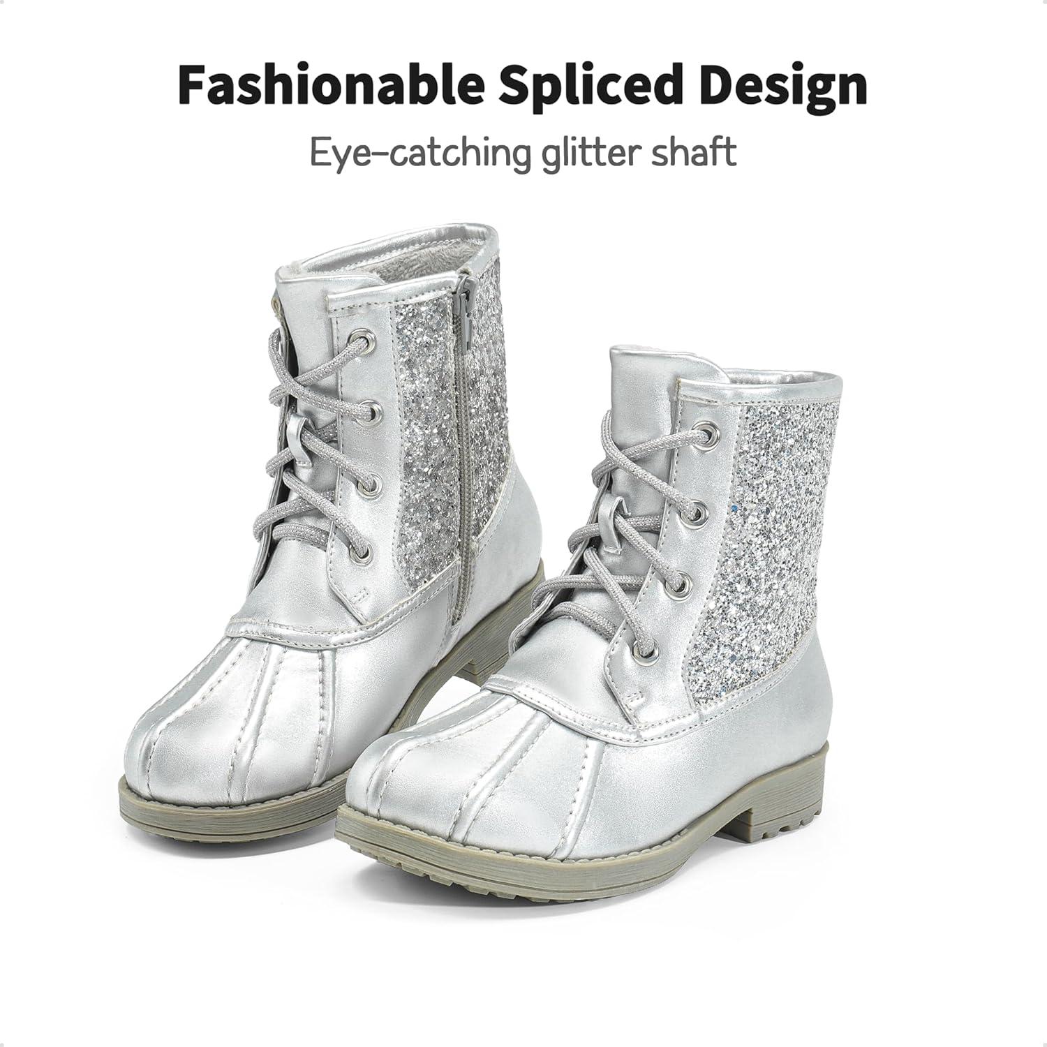 imageDREAM PAIRS Girls Glitter Ankle Boots Warm and Soft Velvet Lining with Side Zipper for ToddlerLittle KidBig KidSliver