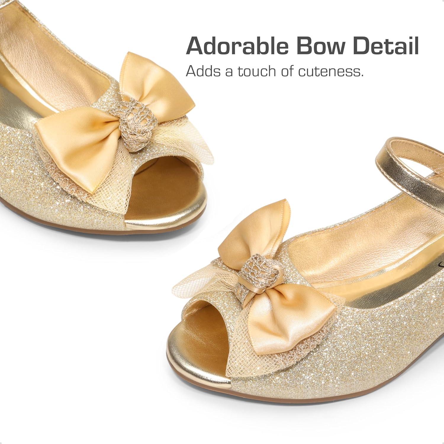 imageDREAM PAIRS Girls Heels Dress Shoes Flats for Wedding Bow Flower Princess Shoes for Little KidBig KidGoldglitter