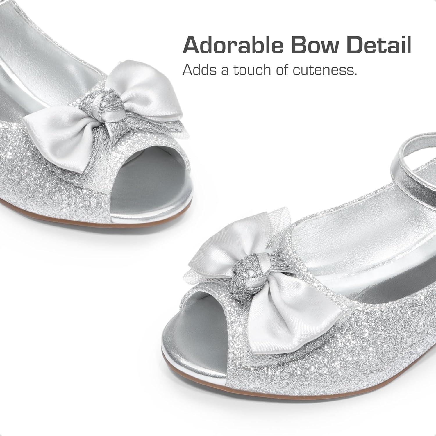 imageDREAM PAIRS Girls Heels Dress Shoes Flats for Wedding Bow Flower Princess Shoes for Little KidBig KidSilverglitter