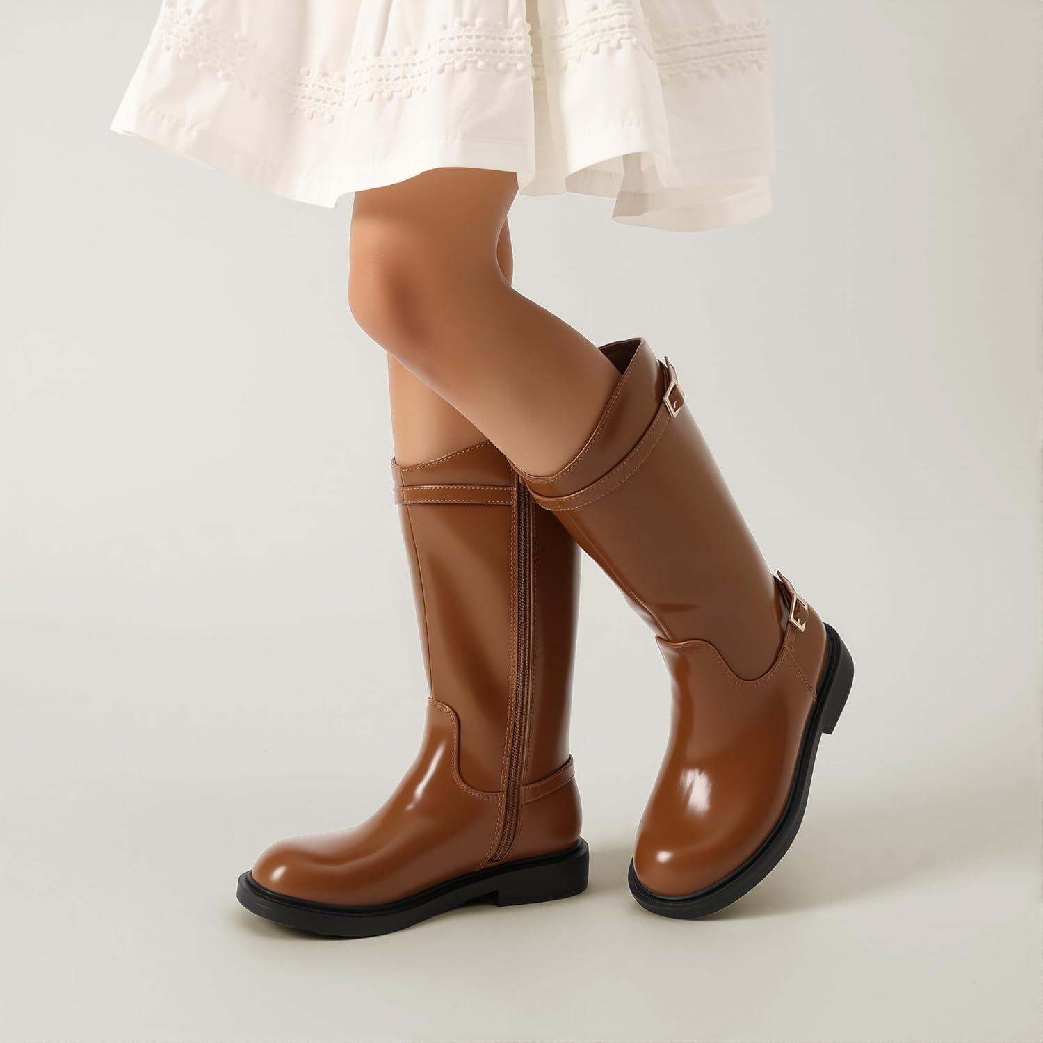 imageDREAM PAIRS Girls Knee High Boots Side Zipper Riding Shoes for Little KidBig KidTan