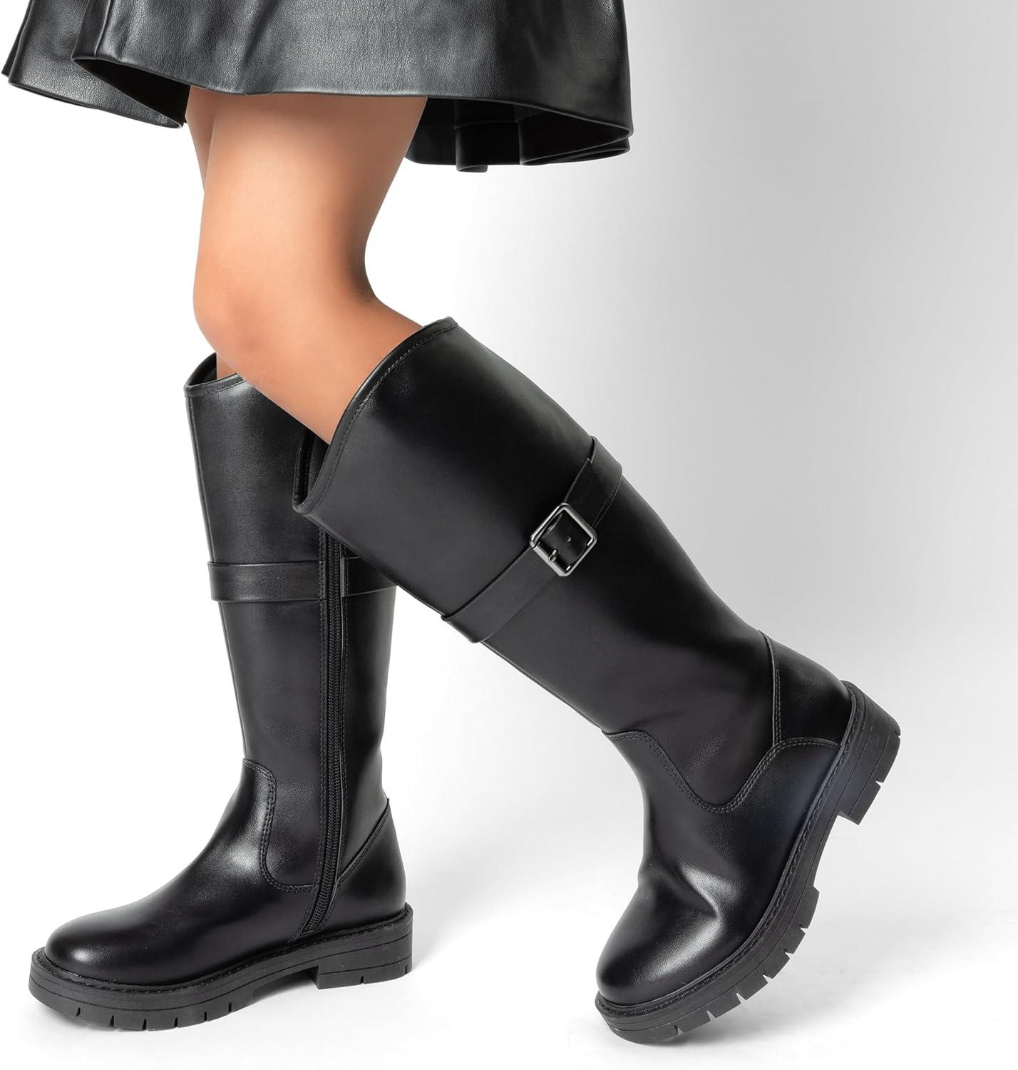 imageDREAM PAIRS Girls Knee High Buckle Fashion Riding Boots Little KidBig KidAll Black