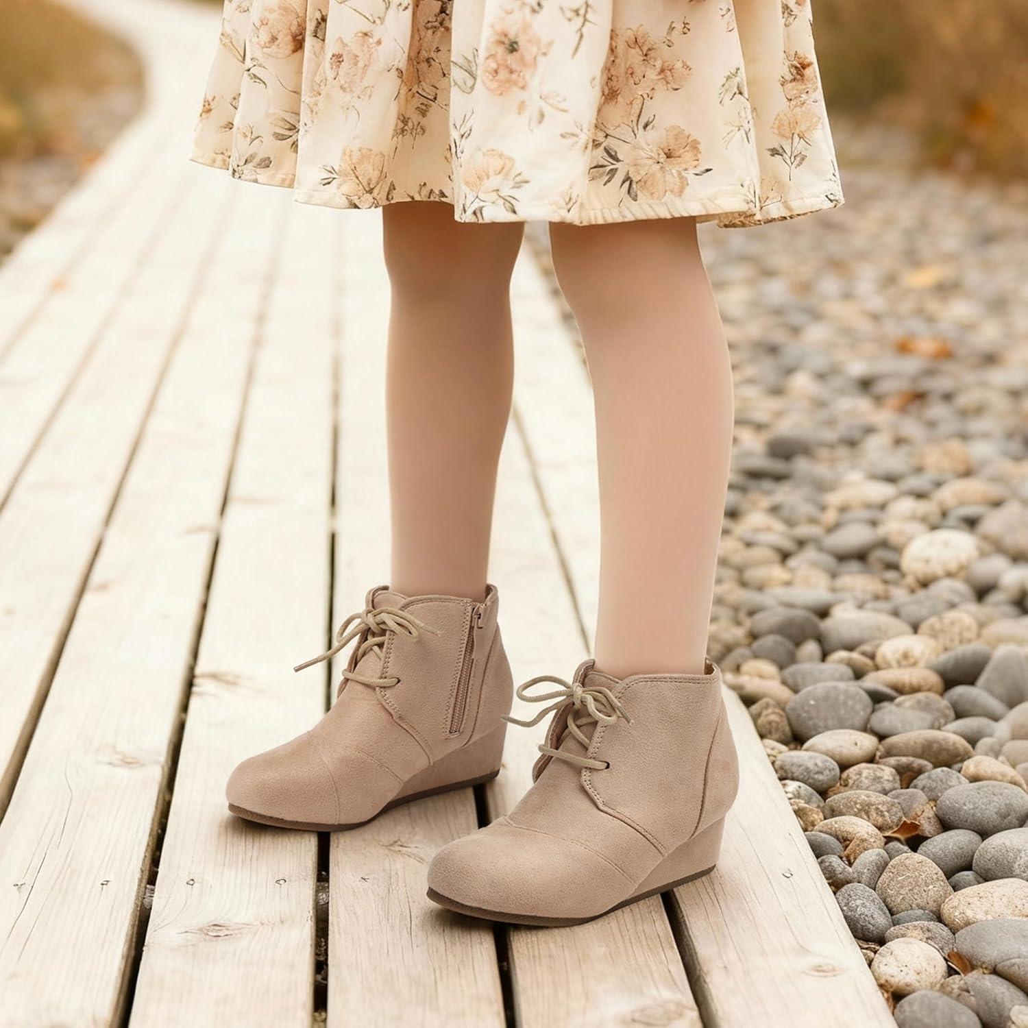 imageDREAM PAIRS Girls Low Wedge Heel Booties Side Zipper Ankle Boots ToddlerLittle KidBig KidBeige