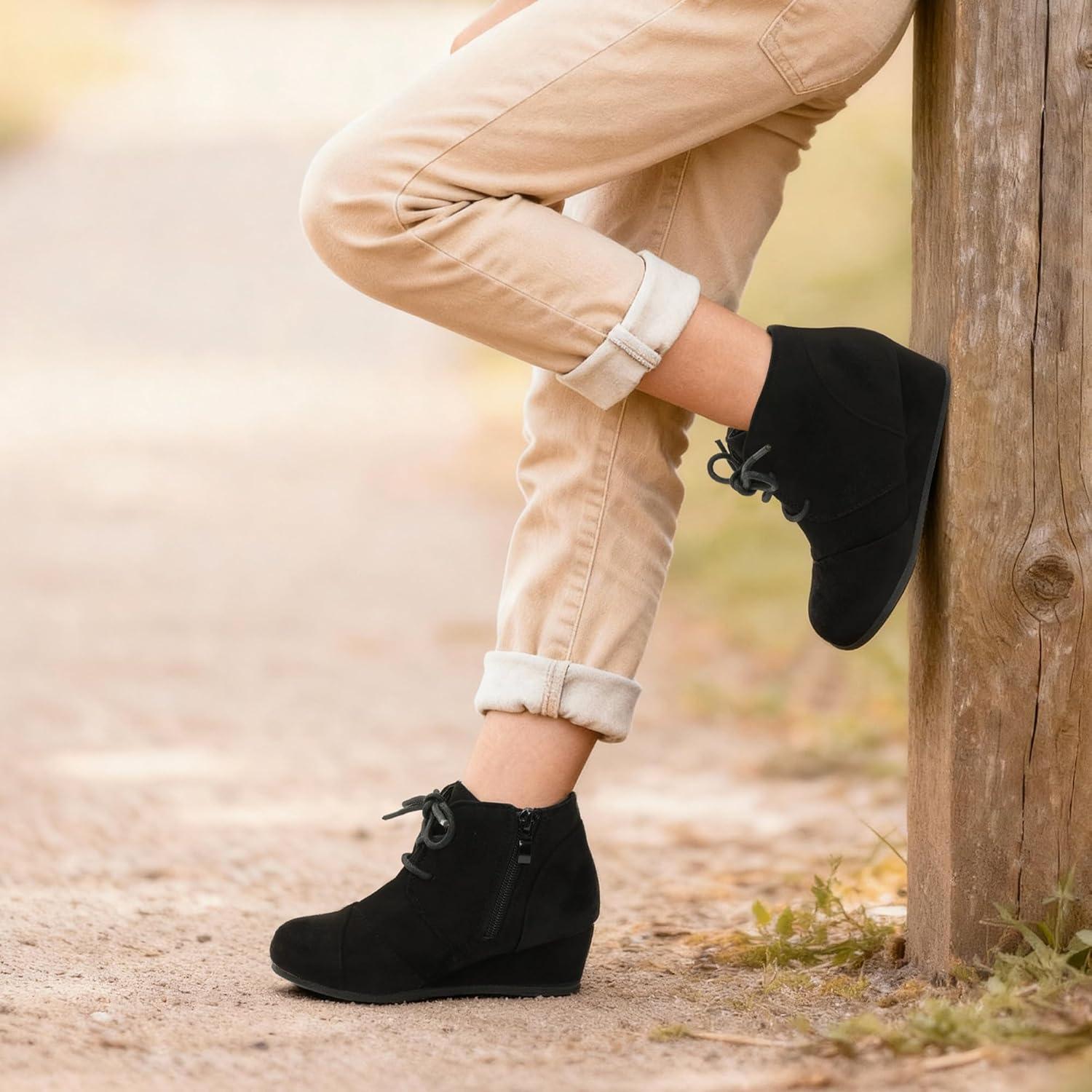 imageDREAM PAIRS Girls Low Wedge Heel Booties Side Zipper Ankle Boots ToddlerLittle KidBig KidBlack