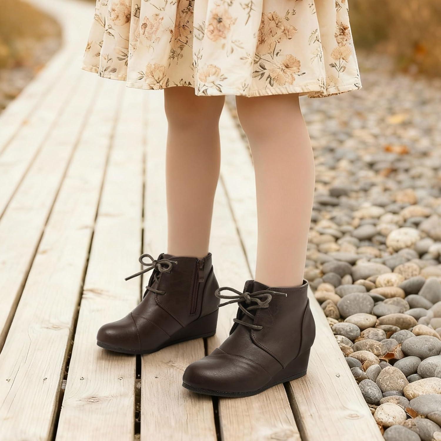 imageDREAM PAIRS Girls Low Wedge Heel Booties Side Zipper Ankle Boots ToddlerLittle KidBig KidBrownpu