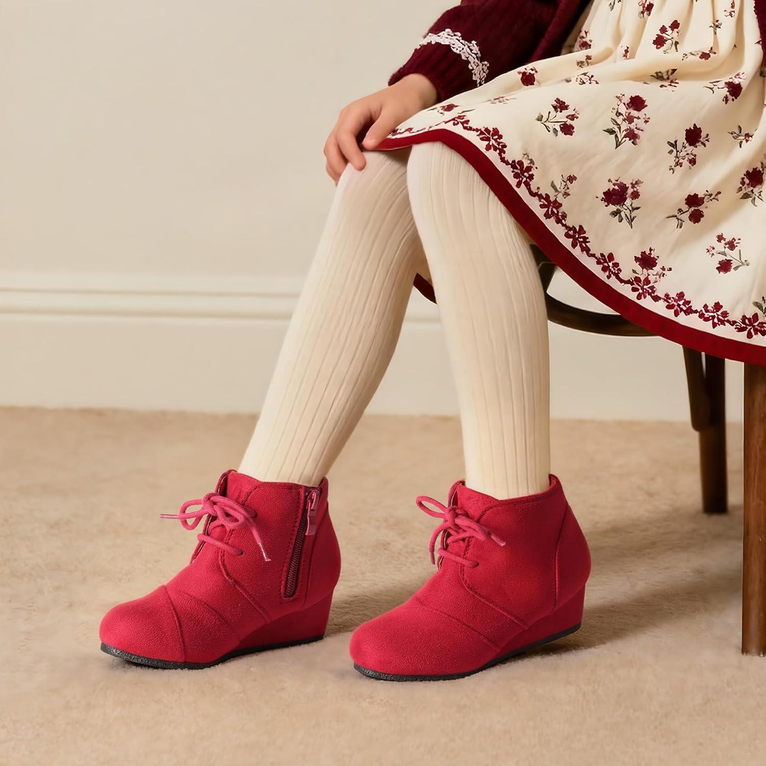 imageDREAM PAIRS Girls Low Wedge Heel Booties Side Zipper Ankle Boots ToddlerLittle KidBig KidRed