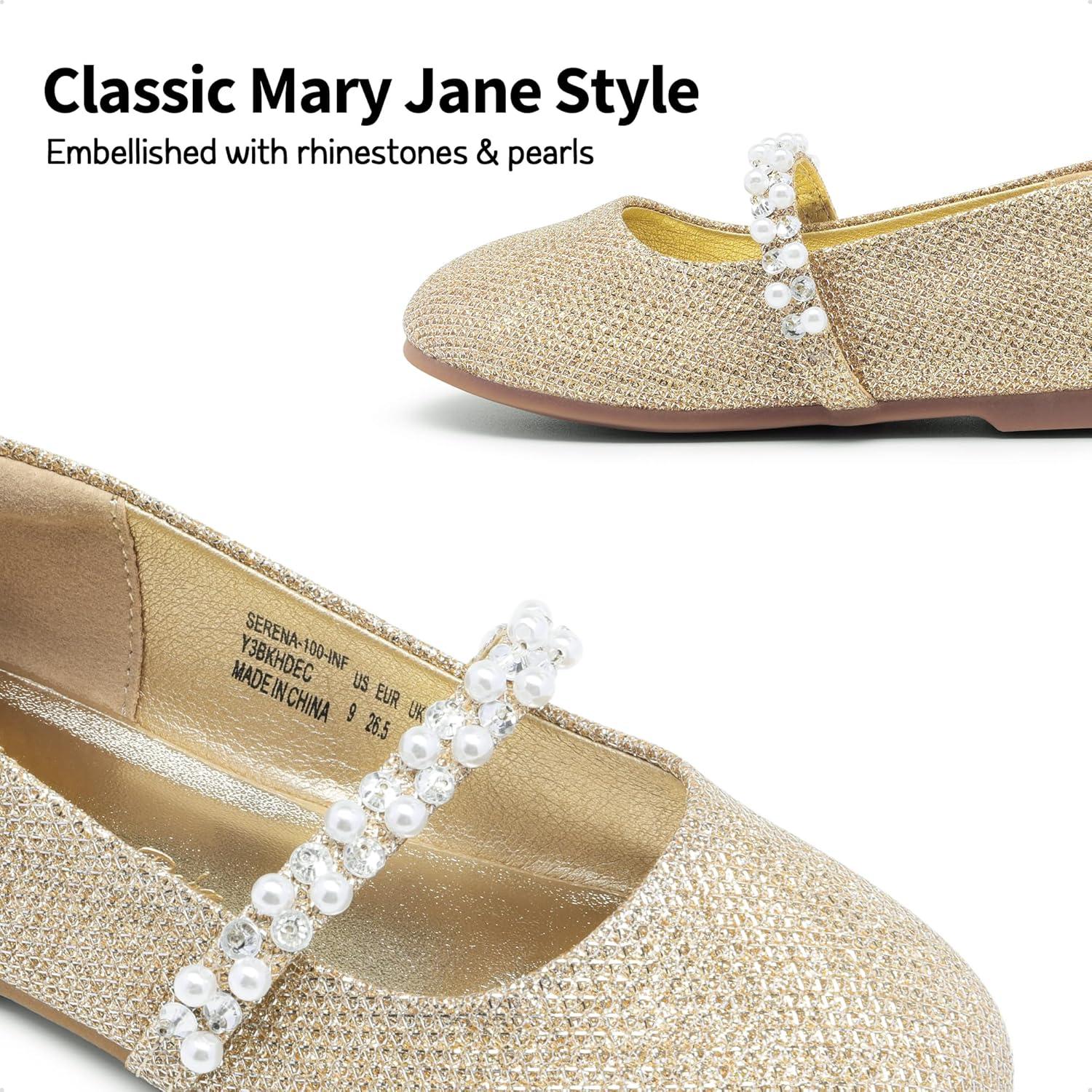 imageDREAM PAIRS Girls Mary Jane Dress Shoes Ballerina Flats for Wedding Party ToddlerLittle KidBig KidGoldGlittert