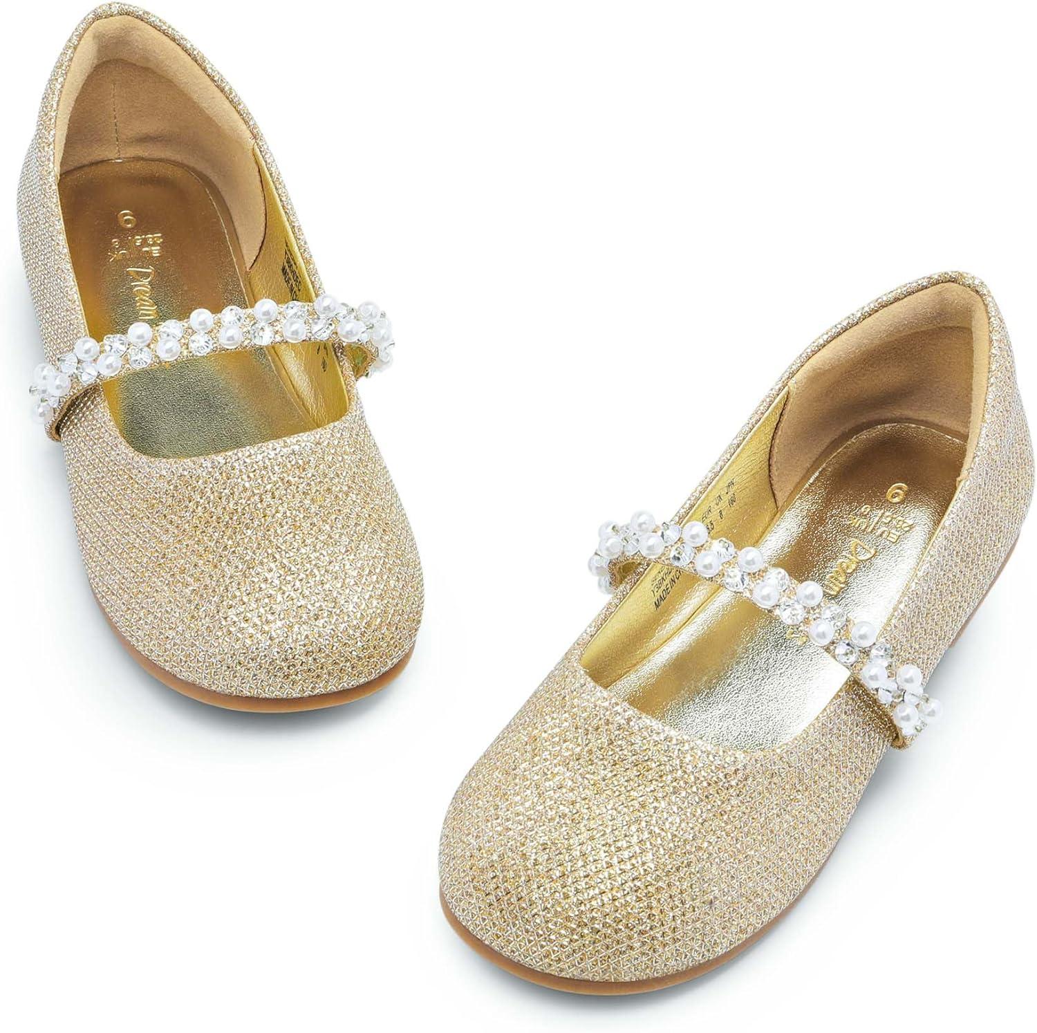 imageDREAM PAIRS Girls Mary Jane Dress Shoes Ballerina Flats for Wedding Party ToddlerLittle KidBig KidGoldGlittert