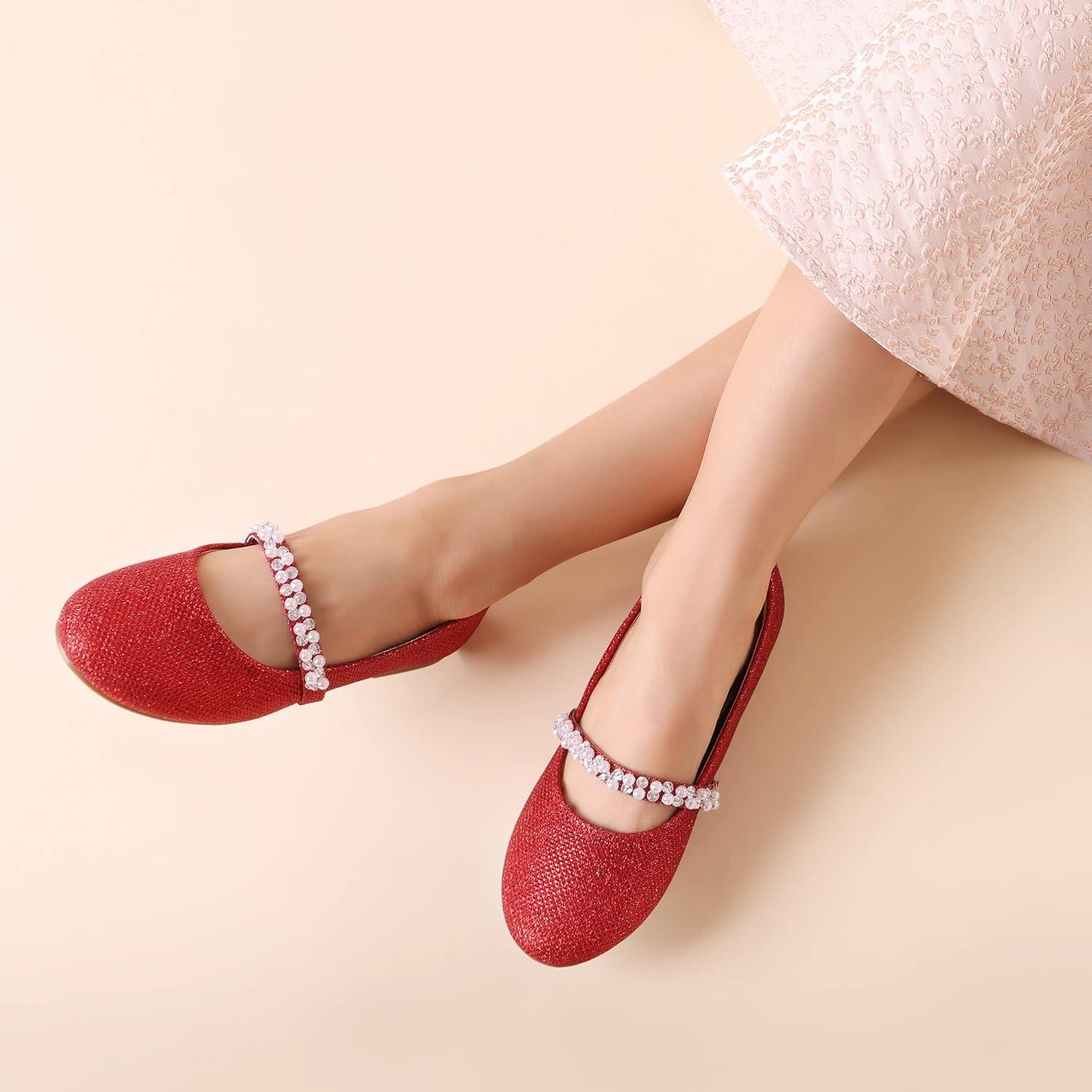 imageDREAM PAIRS Girls Mary Jane Dress Shoes Ballerina Flats for Wedding Party ToddlerLittle KidBig KidRedGlitter