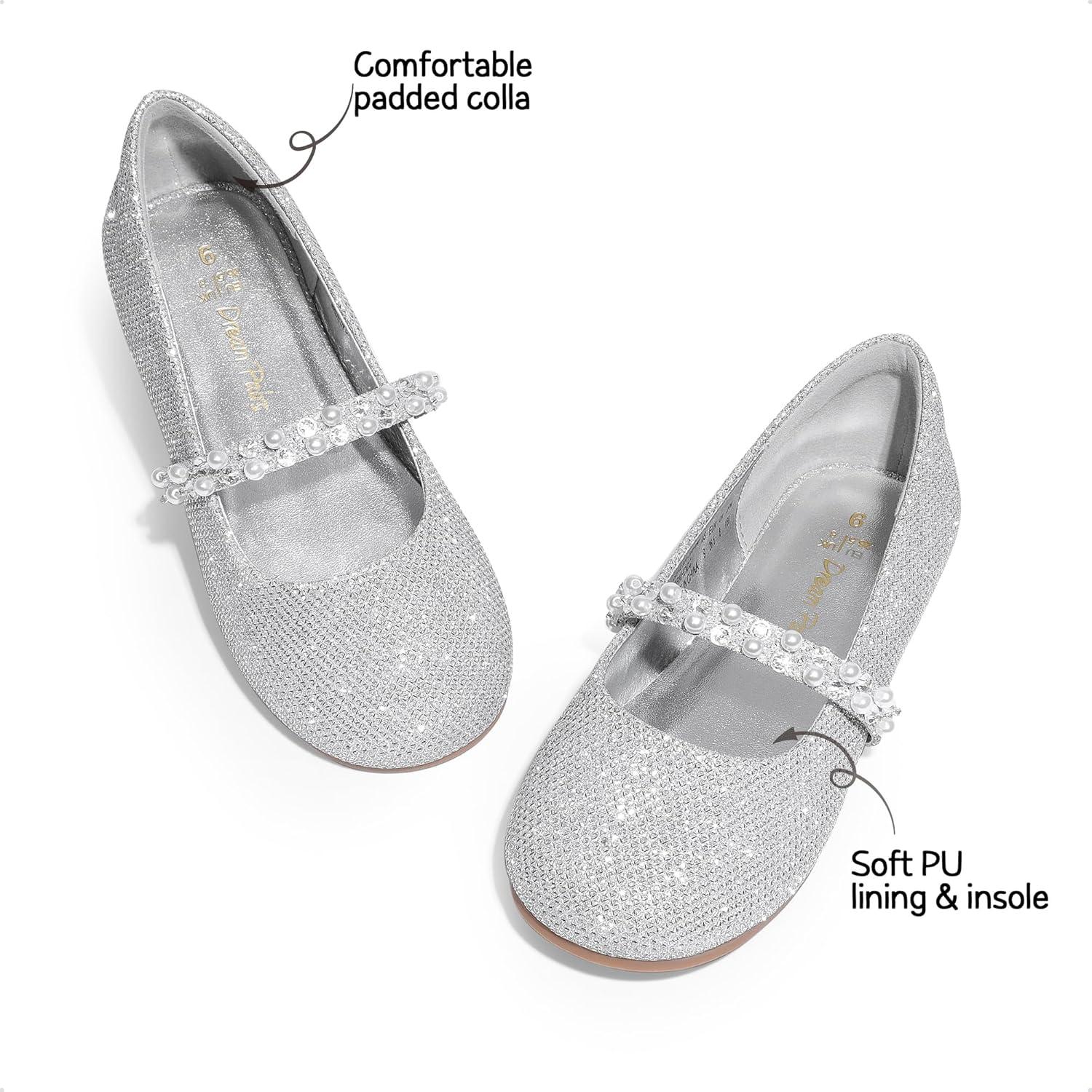 imageDREAM PAIRS Girls Mary Jane Dress Shoes Ballerina Flats for Wedding Party ToddlerLittle KidBig KidSilverGlittert