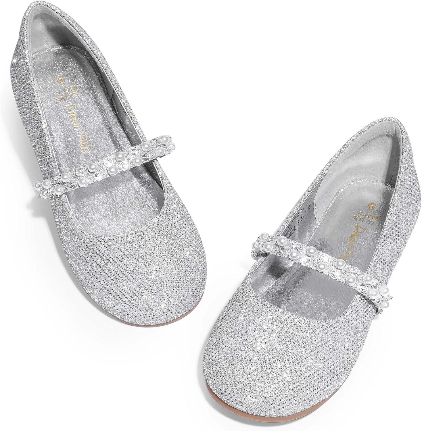 imageDREAM PAIRS Girls Mary Jane Dress Shoes Ballerina Flats for Wedding Party ToddlerLittle KidBig KidSilverGlittert