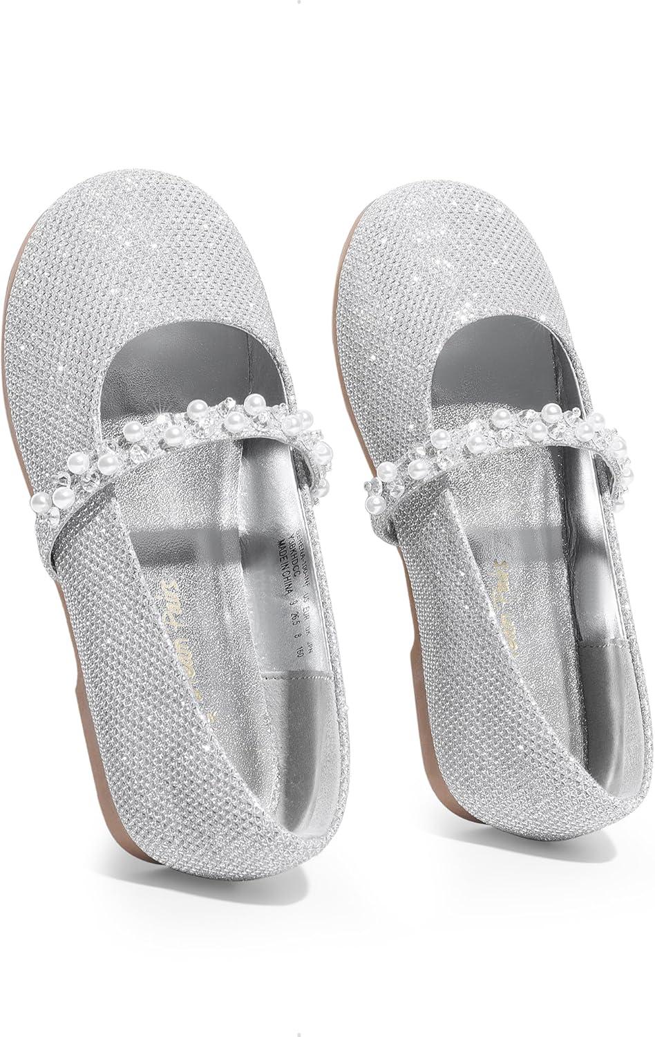 imageDREAM PAIRS Girls Mary Jane Dress Shoes Ballerina Flats for Wedding Party ToddlerLittle KidBig KidSilverGlittert