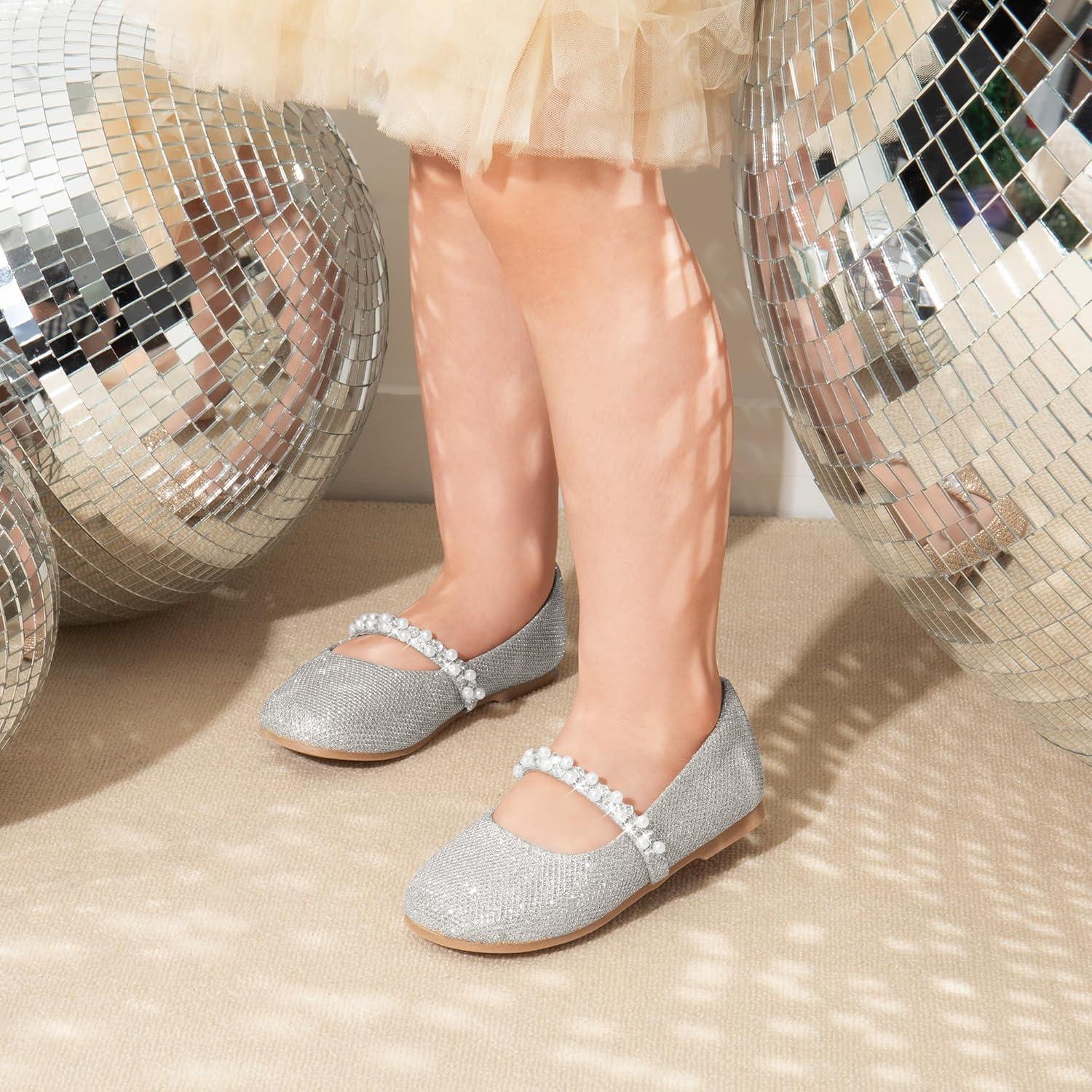 imageDREAM PAIRS Girls Mary Jane Dress Shoes Ballerina Flats for Wedding Party ToddlerLittle KidBig KidSilverGlittert