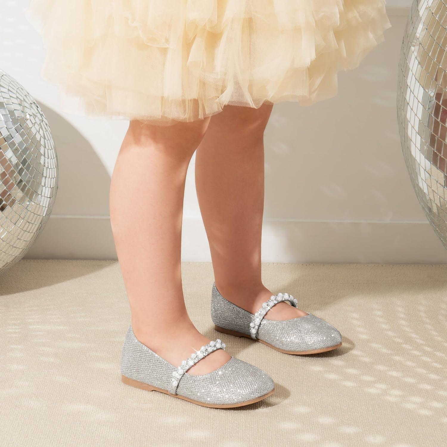 imageDREAM PAIRS Girls Mary Jane Dress Shoes Ballerina Flats for Wedding Party ToddlerLittle KidBig KidSilverGlittert