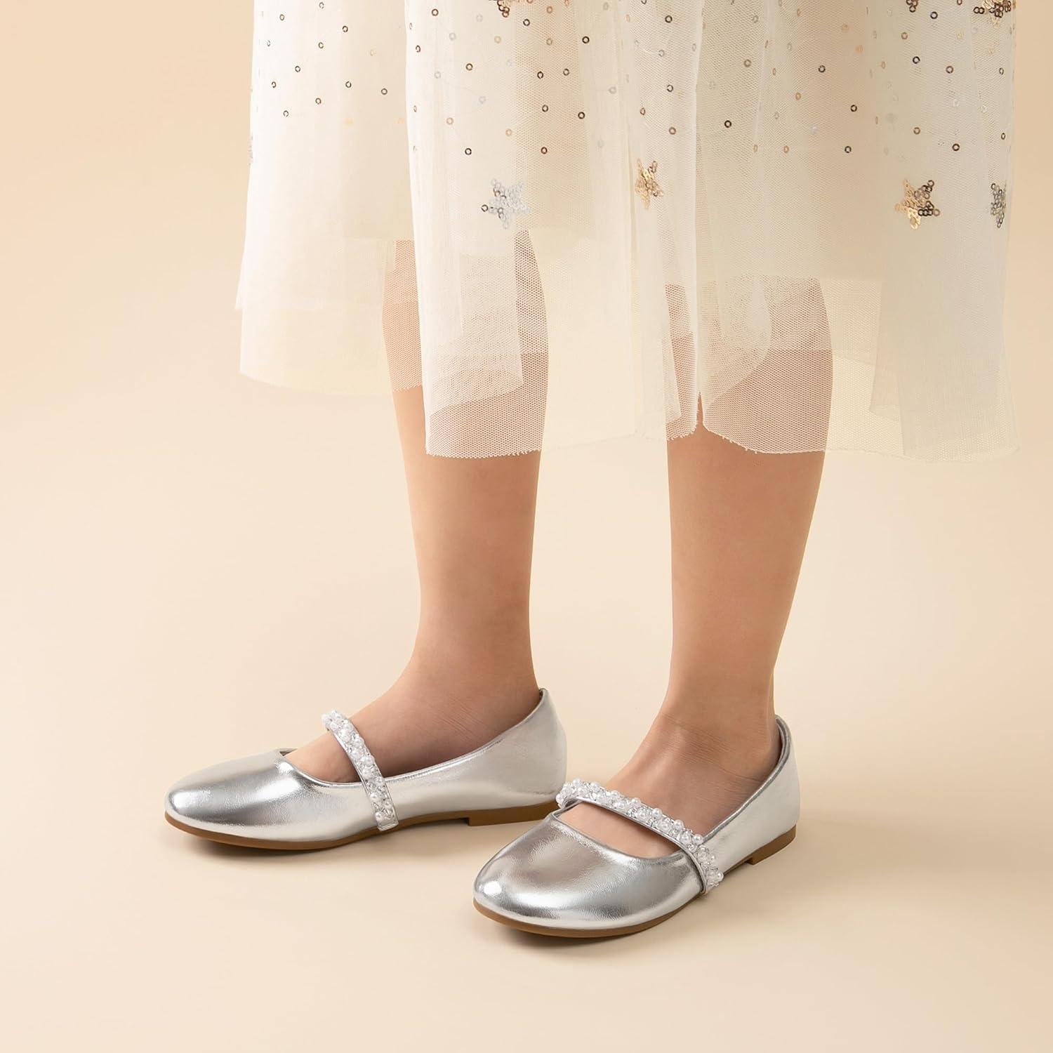 imageDREAM PAIRS Girls Mary Jane Dress Shoes Ballerina Flats for Wedding Party ToddlerLittle KidBig KidSilverpu