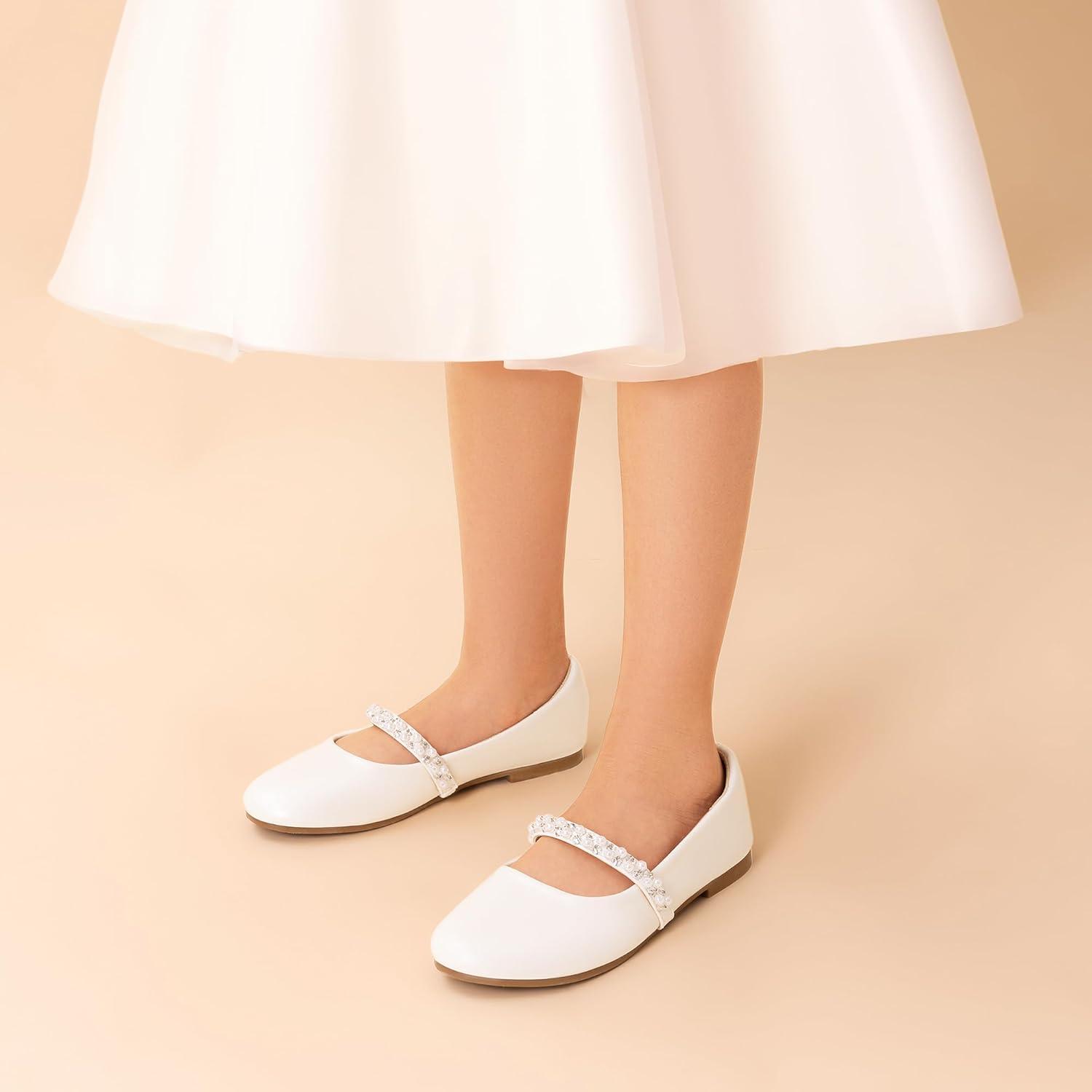 imageDREAM PAIRS Girls Mary Jane Dress Shoes Ballerina Flats for Wedding Party ToddlerLittle KidBig KidWhitePat