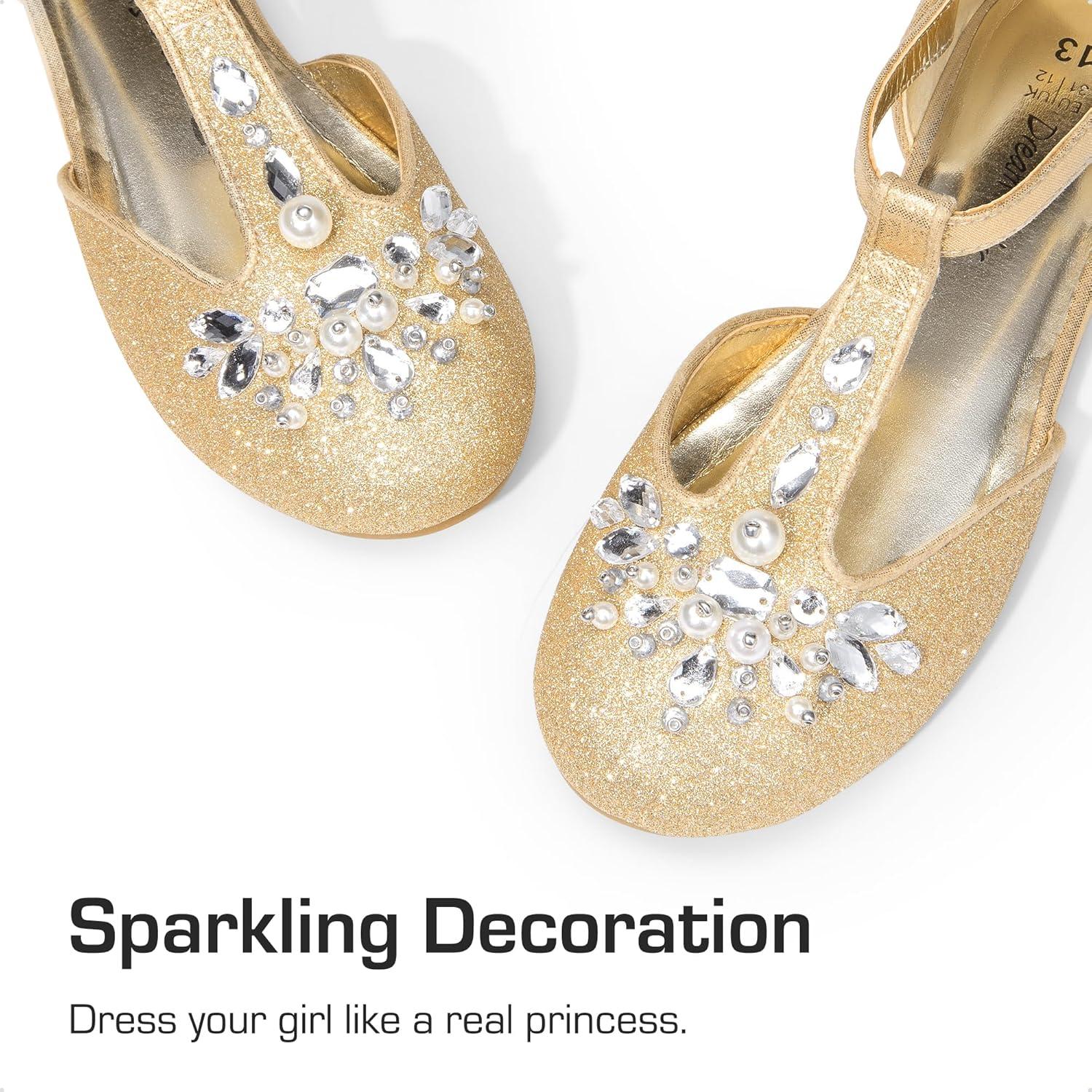 imageDREAM PAIRS Girls Mary Jane Dress Shoes Pearl TStrap Party Flower Wedding Princess Flats for Toddler Little Big KidGold