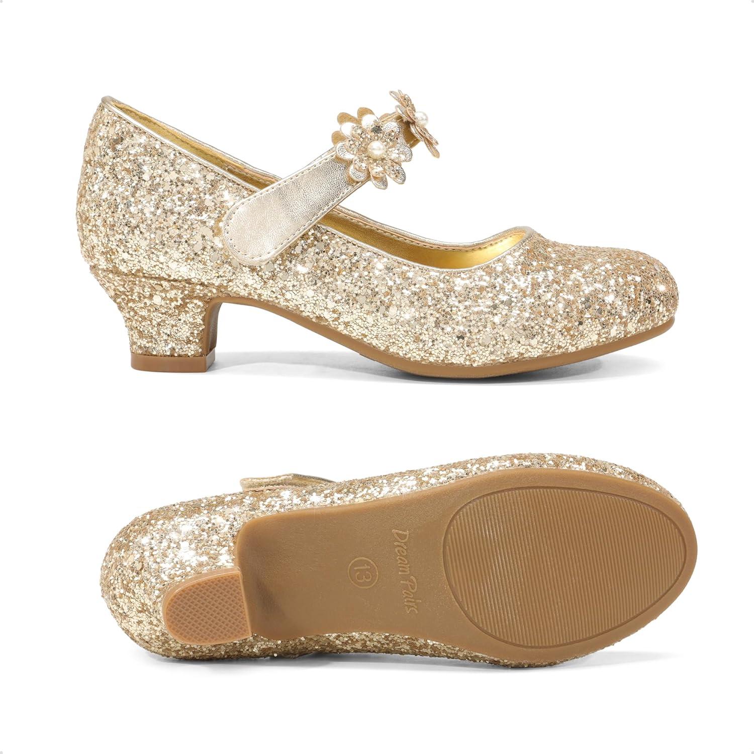 imageDREAM PAIRS Girls Mary Jane Dress Shoes Pumps Low Heels Flower Party Wedding PrincessGoldglitter