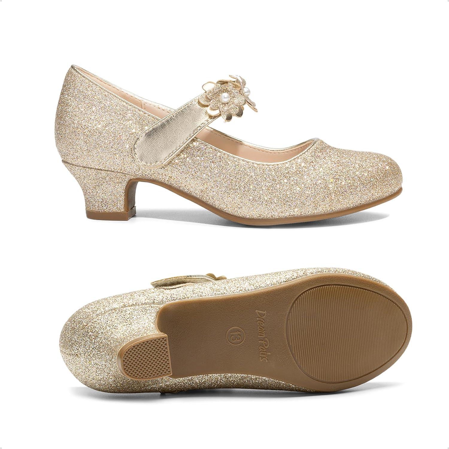 imageDREAM PAIRS Girls Mary Jane Dress Shoes Pumps Low Heels Flower Party Wedding PrincessLight Gold