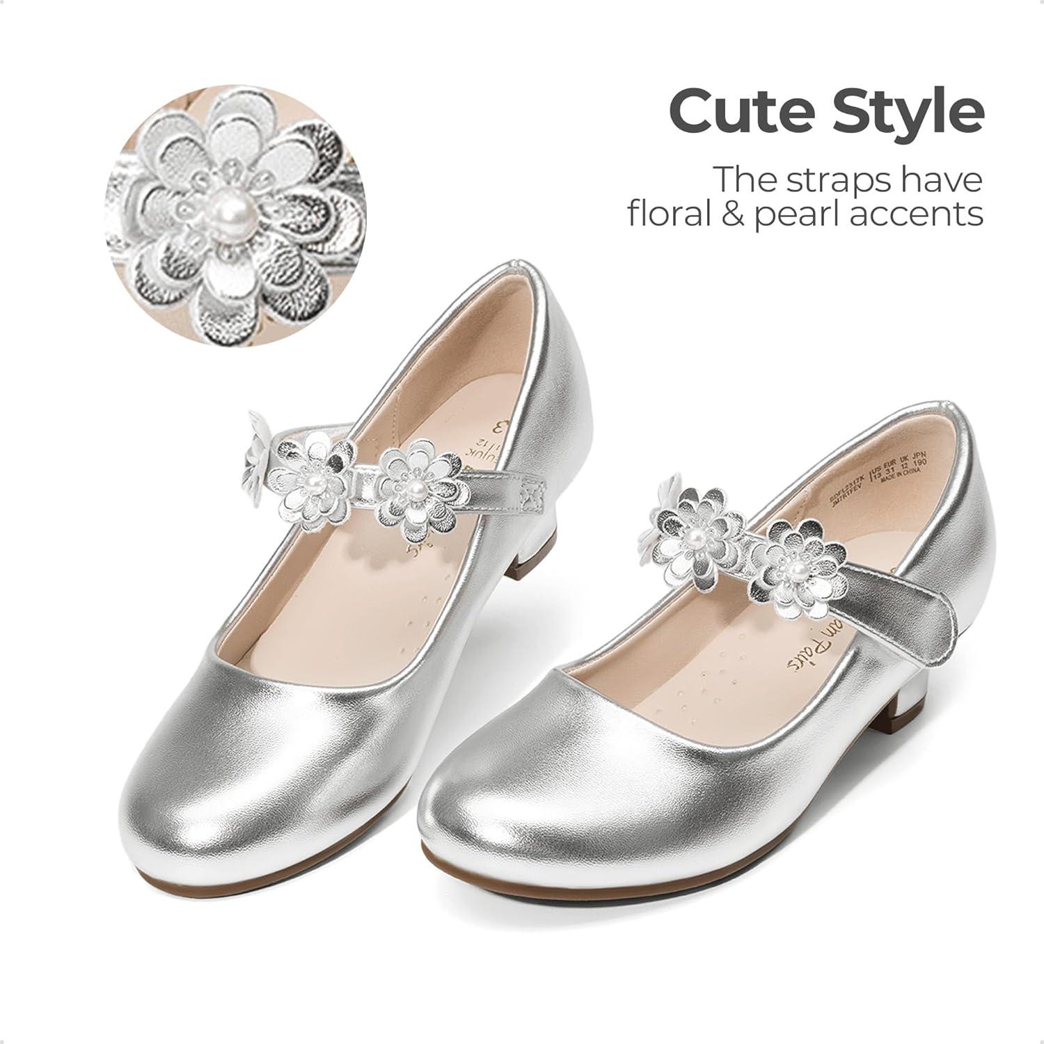 imageDREAM PAIRS Girls Mary Jane Dress Shoes Pumps Low Heels Flower Party Wedding PrincessSilver