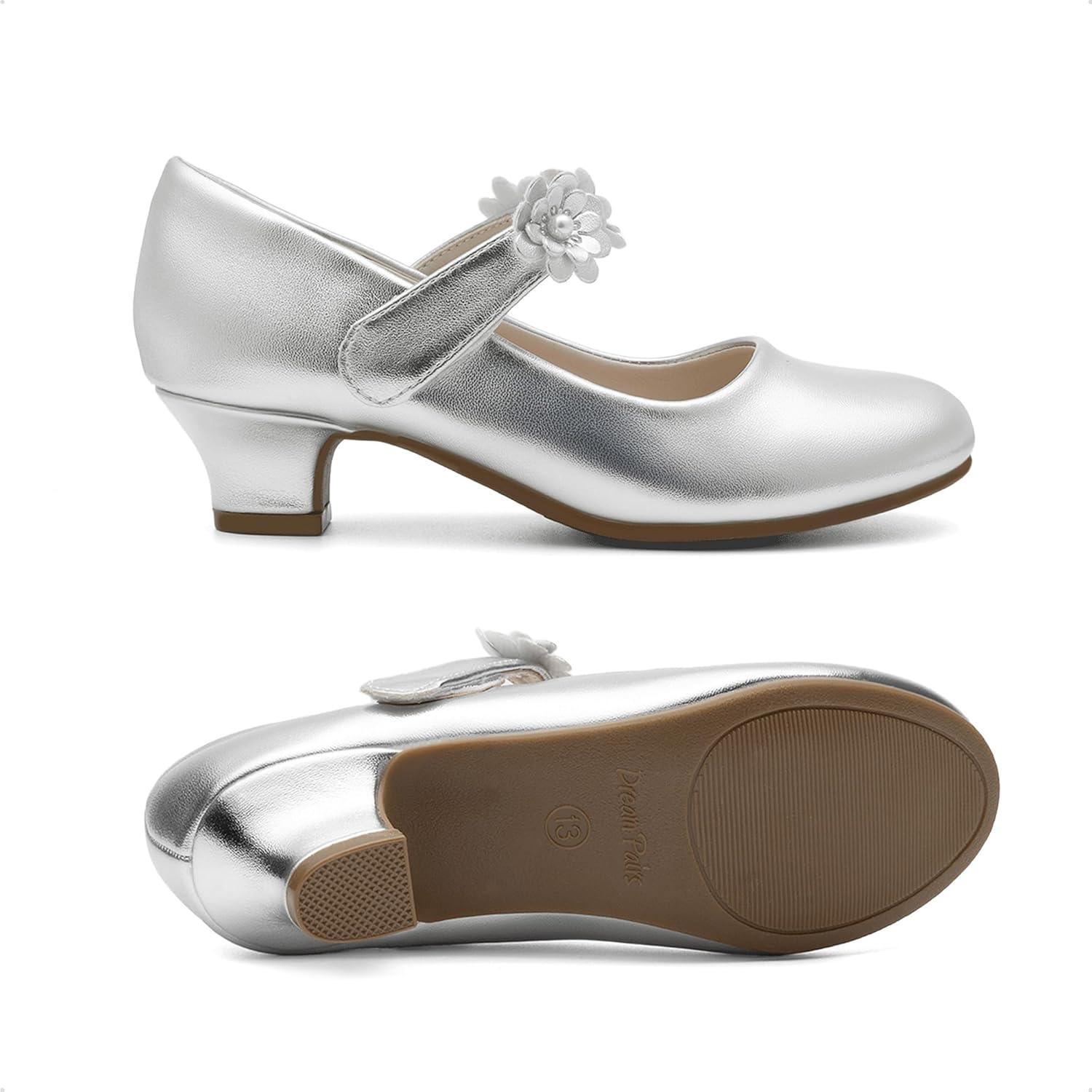 imageDREAM PAIRS Girls Mary Jane Dress Shoes Pumps Low Heels Flower Party Wedding PrincessSilver