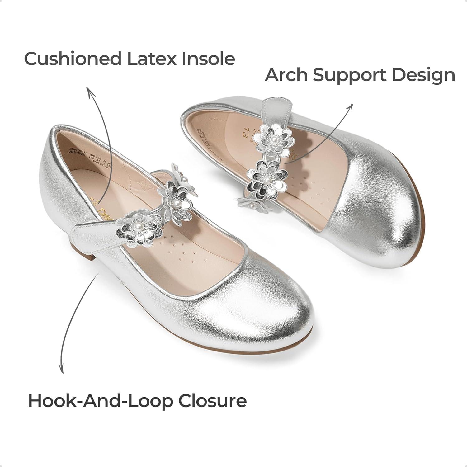 imageDREAM PAIRS Girls Mary Jane Dress Shoes Pumps Low Heels Flower Party Wedding PrincessSilver