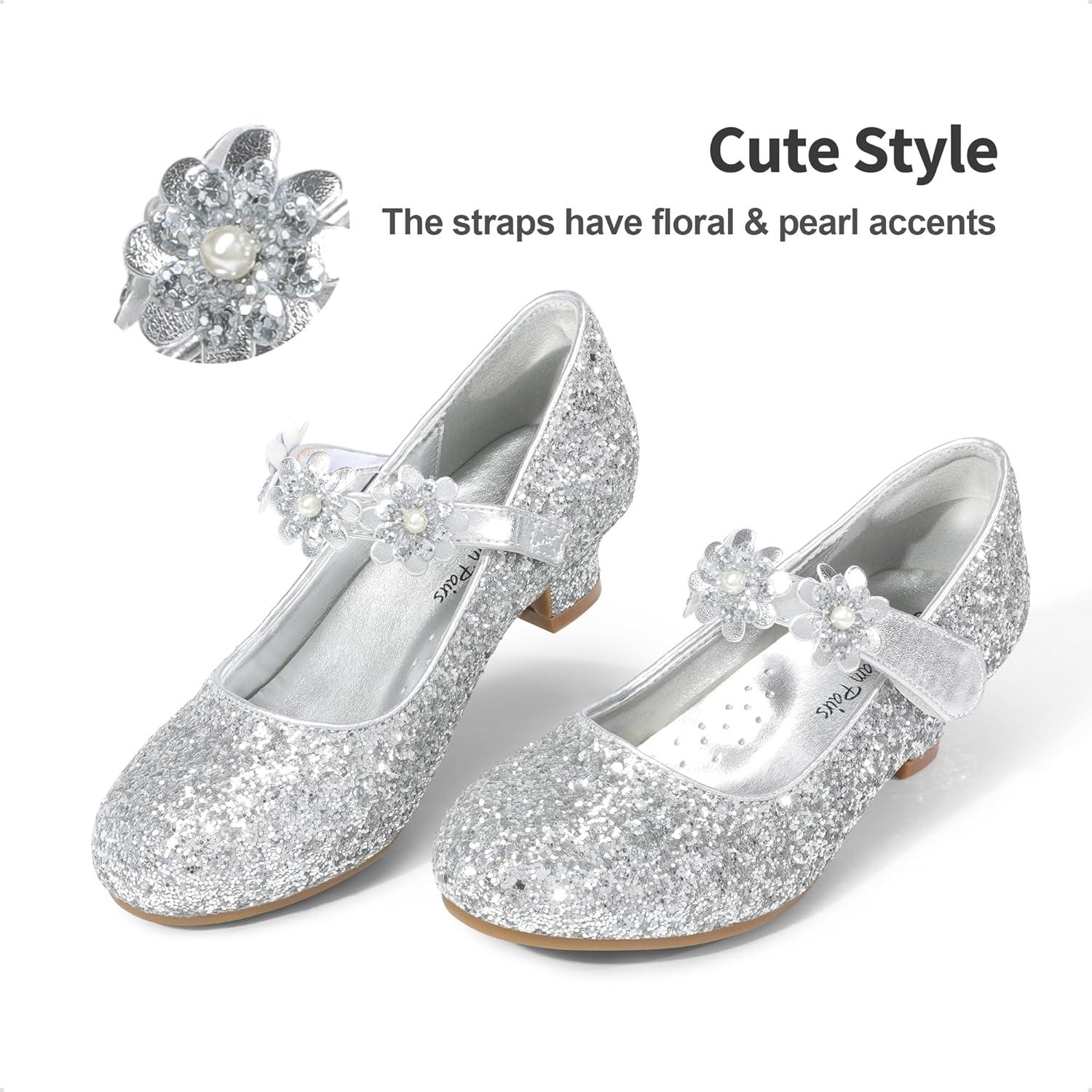 imageDREAM PAIRS Girls Mary Jane Dress Shoes Pumps Low Heels Flower Party Wedding PrincessSilverglitter