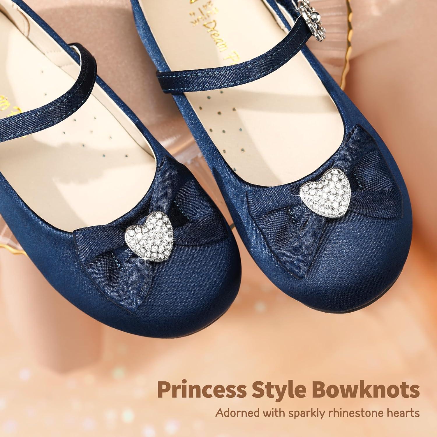 imageDREAM PAIRS Girls Mary Jane Dress Shoes for Toddler Heart Rhinestone Front Bow Ballerina Flat ToddlerLittle KidNavySatin