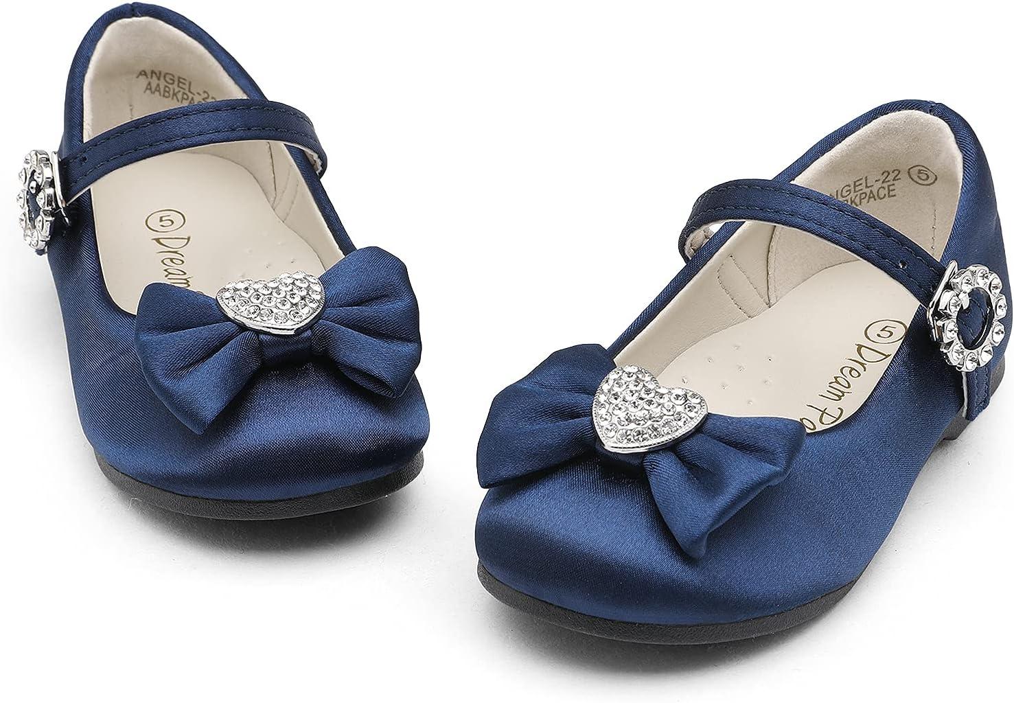 imageDREAM PAIRS Girls Mary Jane Dress Shoes for Toddler Heart Rhinestone Front Bow Ballerina Flat ToddlerLittle KidNavySatin