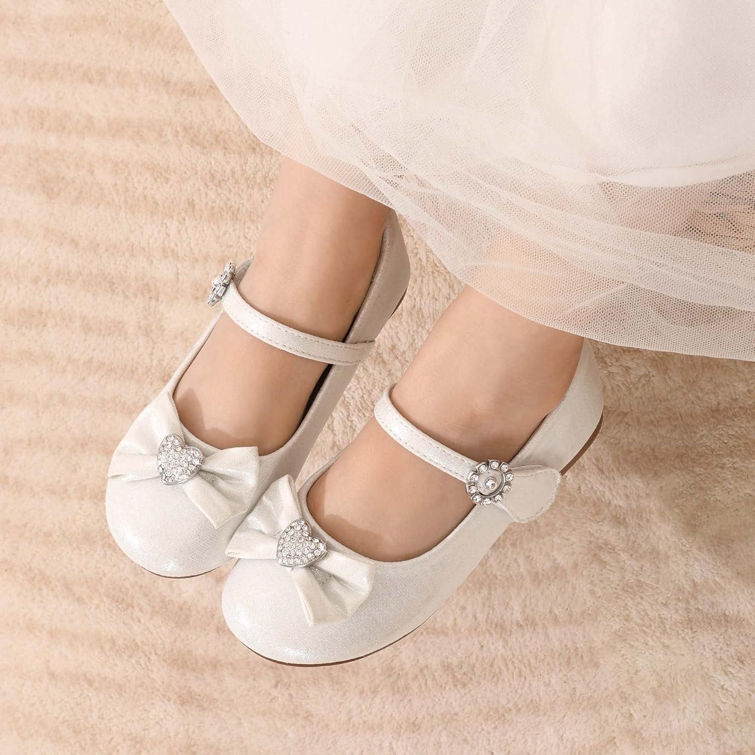 imageDREAM PAIRS Girls Mary Jane Dress Shoes for Toddler Heart Rhinestone Front Bow Ballerina Flat ToddlerLittle KidWhite