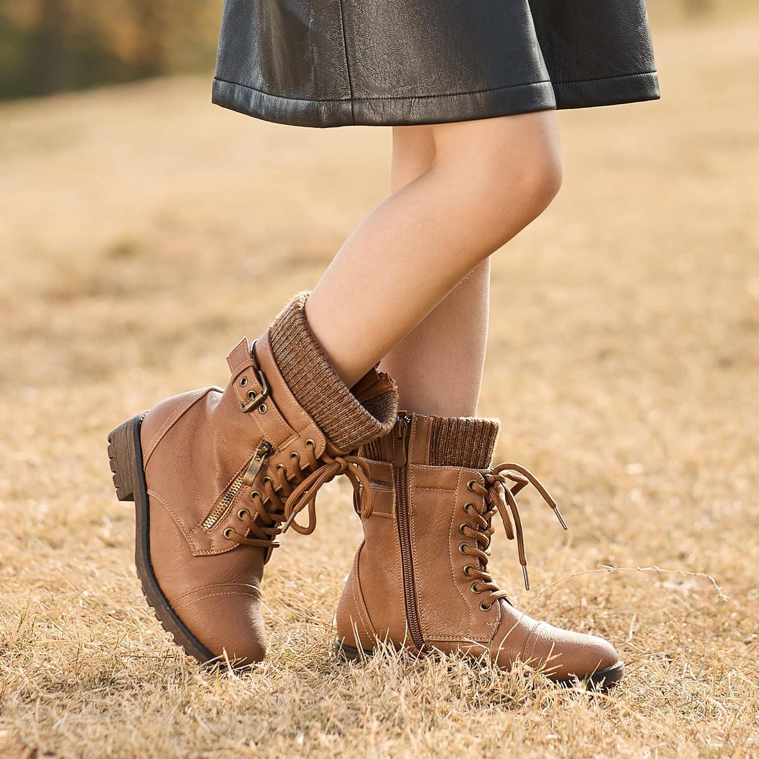 imageDREAM PAIRS Girls Mid Calf Combat Ankle Lace up BootsCamel