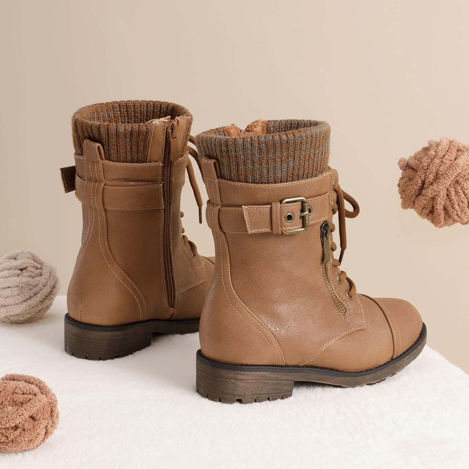 imageDREAM PAIRS Girls Mid Calf Combat Ankle Lace up BootsCamel