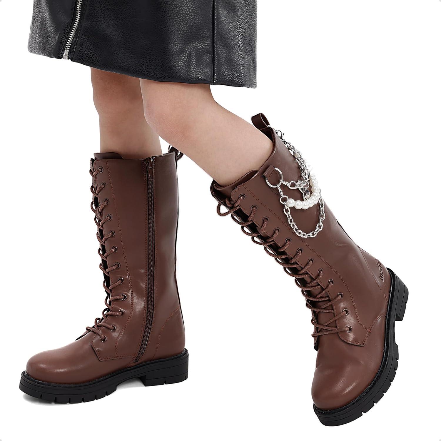 imageDREAM PAIRS Girls Riding Boots Knee High Side Zipper Mid Calf Shoes Little KidBig KidDark Brown
