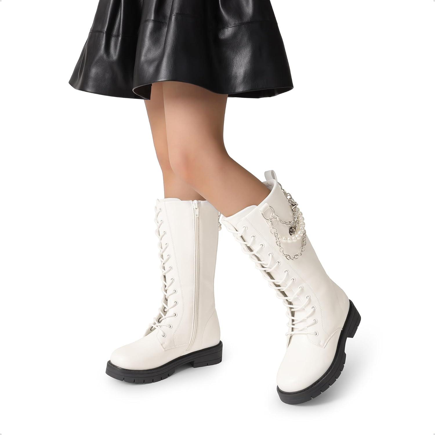 imageDREAM PAIRS Girls Riding Boots Knee High Side Zipper Mid Calf Shoes Little KidBig KidWhite