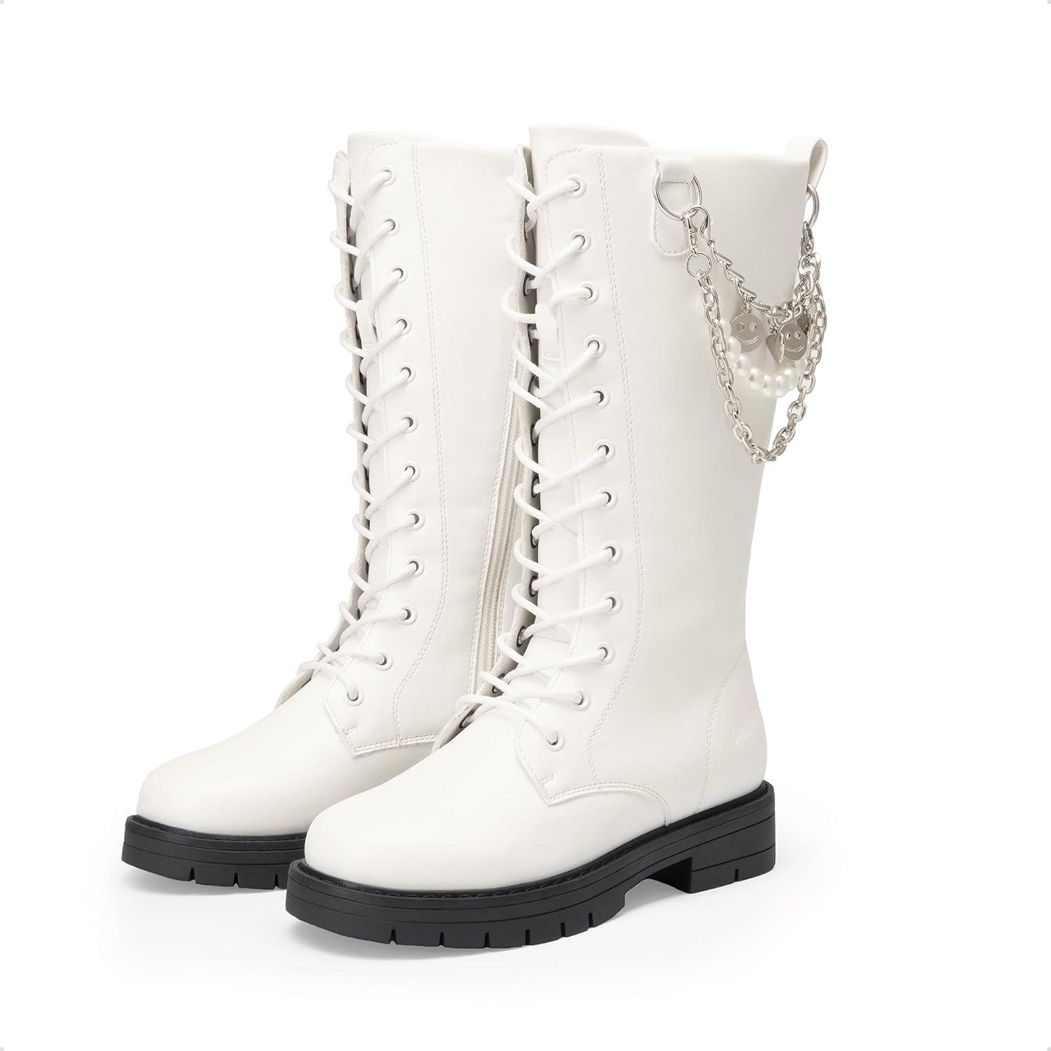 imageDREAM PAIRS Girls Riding Boots Knee High Side Zipper Mid Calf Shoes Little KidBig KidWhite