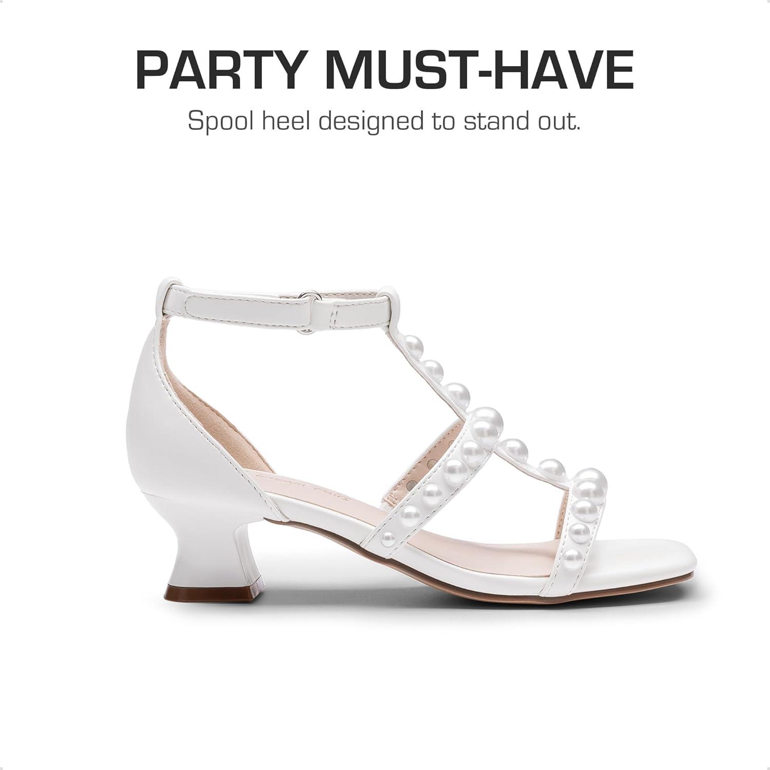 imageDREAM PAIRS Girls Sandals Ankle Strap TStrap Low Heel Pearl Flower Pump Dress Wedding Party Square Toe Shoes for Little KidBig KidWhite
