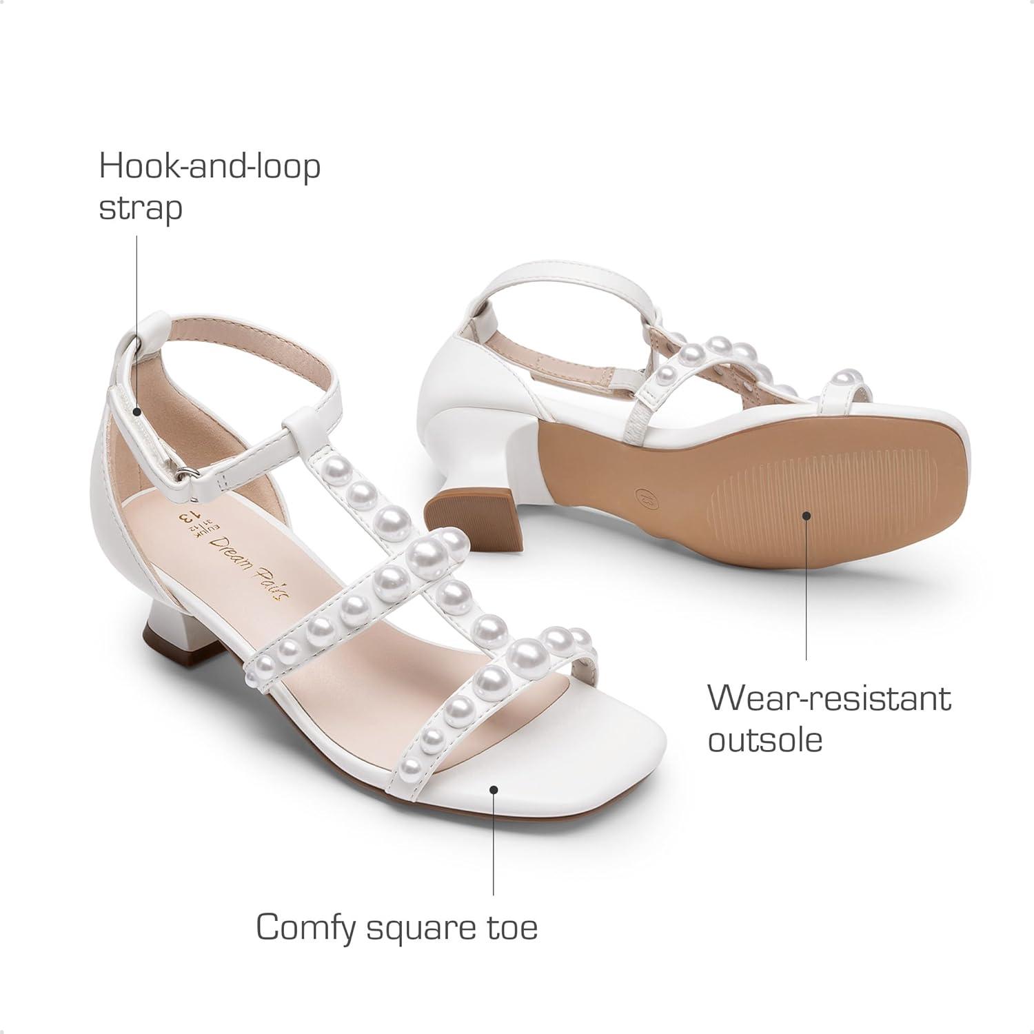 imageDREAM PAIRS Girls Sandals Ankle Strap TStrap Low Heel Pearl Flower Pump Dress Wedding Party Square Toe Shoes for Little KidBig KidWhite