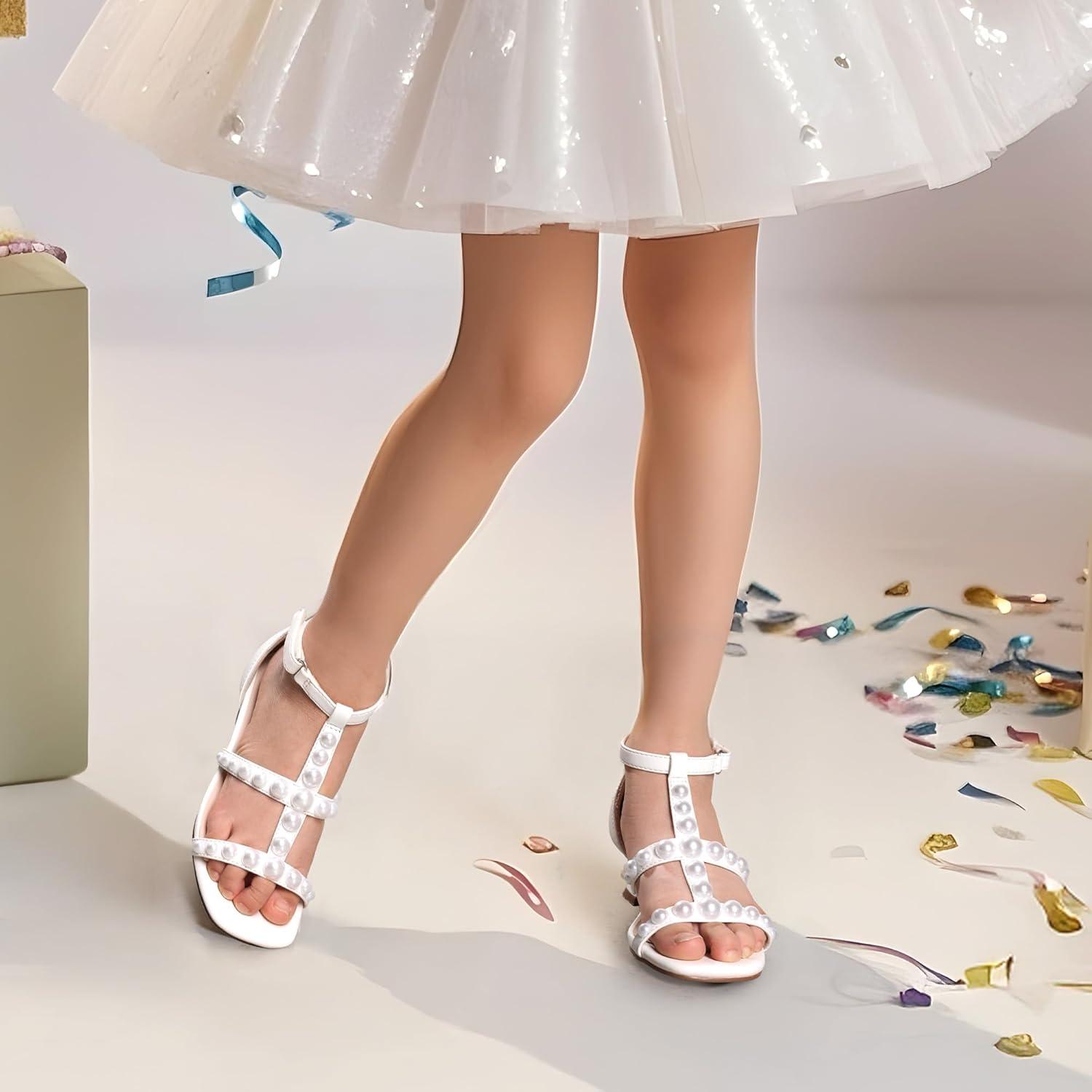imageDREAM PAIRS Girls Sandals Ankle Strap TStrap Low Heel Pearl Flower Pump Dress Wedding Party Square Toe Shoes for Little KidBig KidWhite