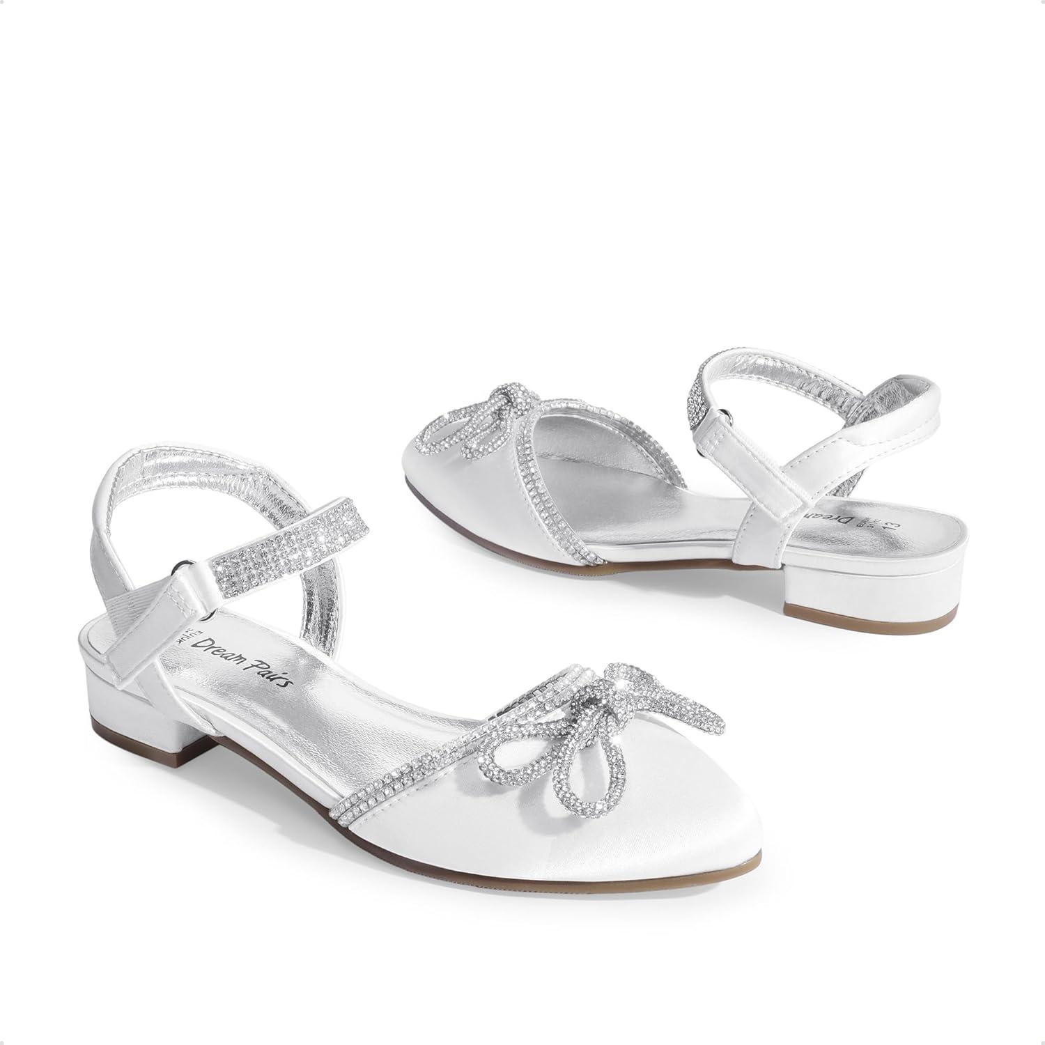 imageDREAM PAIRS Girls Sandals Closed Toe Dress Low Heels Pointed Toe Pump Flower Shoes for Little Big Kids Wedding Princess PartyWhite