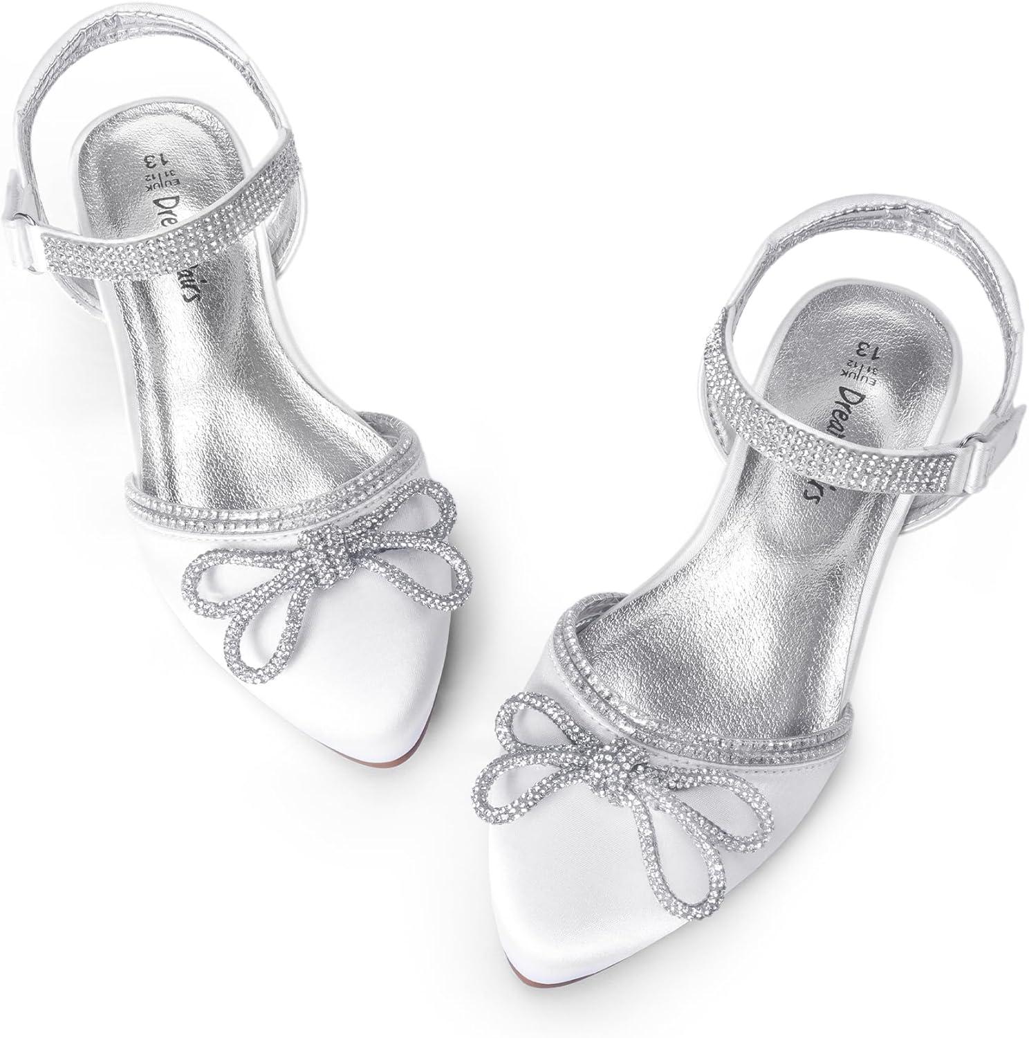 imageDREAM PAIRS Girls Sandals Closed Toe Dress Low Heels Pointed Toe Pump Flower Shoes for Little Big Kids Wedding Princess PartyWhite