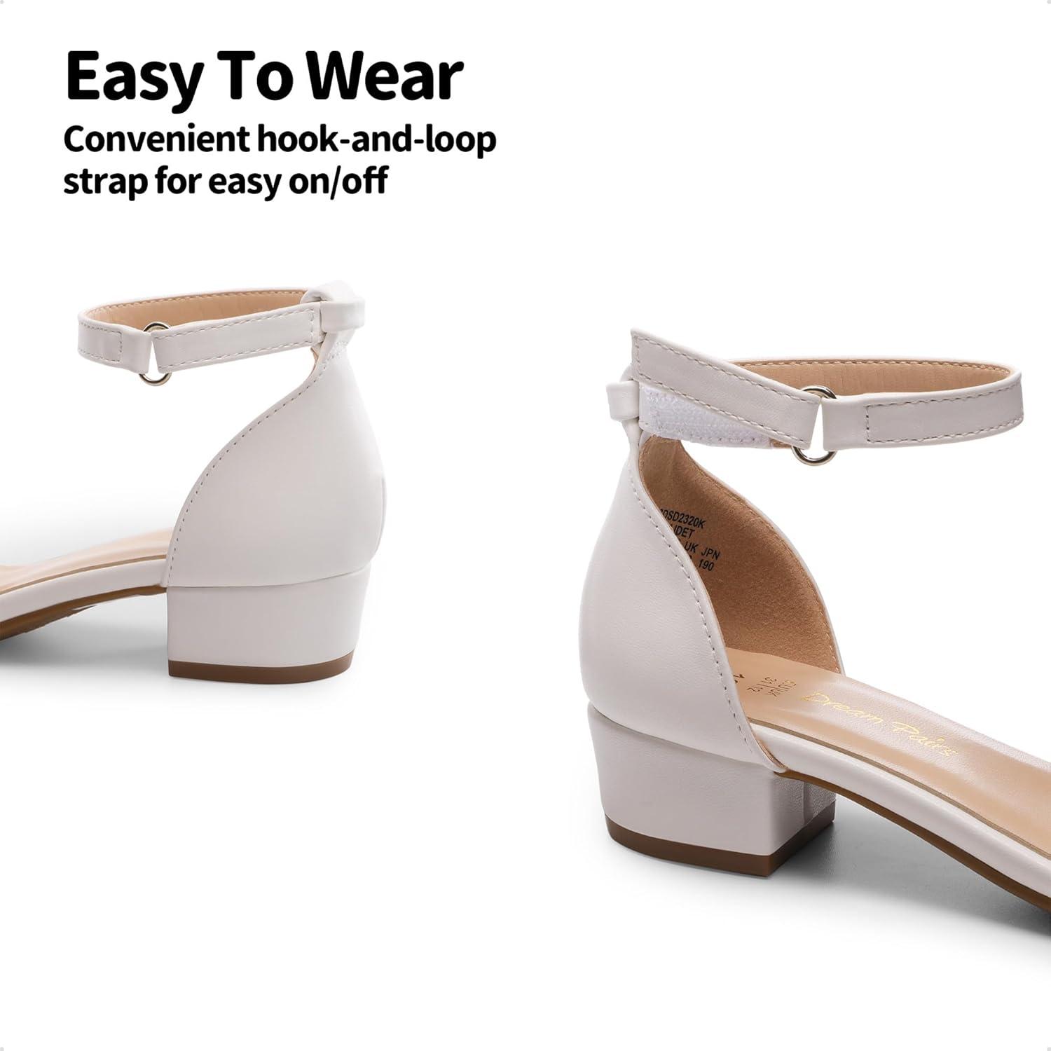 imageDREAM PAIRS Girls Sandals Low Heel Dress Pump Ankle Strap Interchangeable Bow Flower Wedding Party Shoes for Little KidBig KidWhite