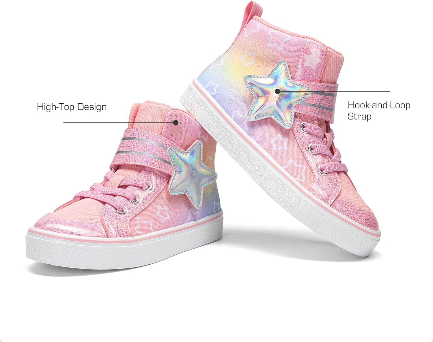 imageDREAM PAIRS Girls Sneakers High Top Hook and Loop Sparkly Shiny Comfortable Casual Walking Shoes for ToddlerLittleBig KidsRainbowPink