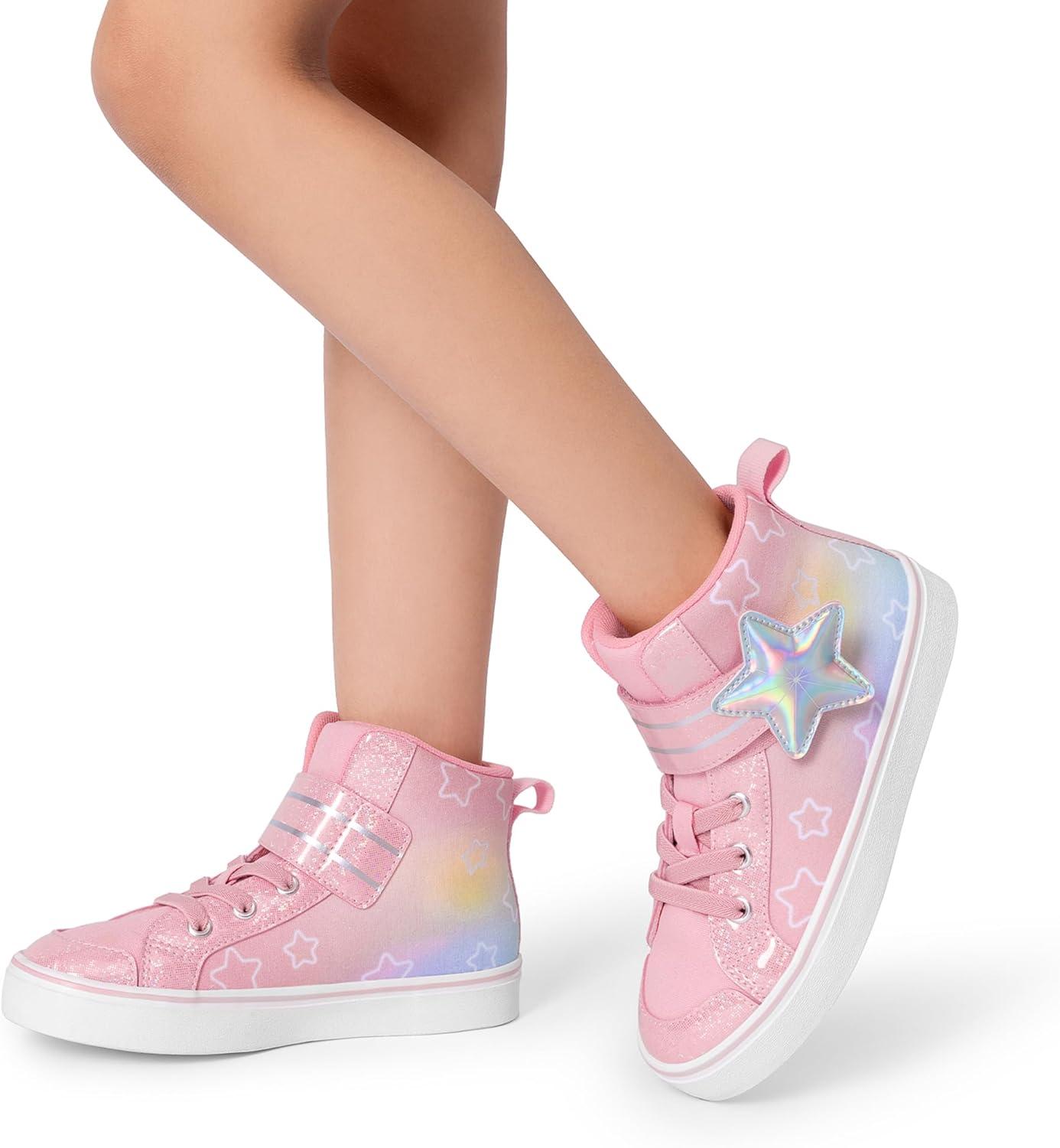 imageDREAM PAIRS Girls Sneakers High Top Hook and Loop Sparkly Shiny Comfortable Casual Walking Shoes for ToddlerLittleBig KidsRainbowPink